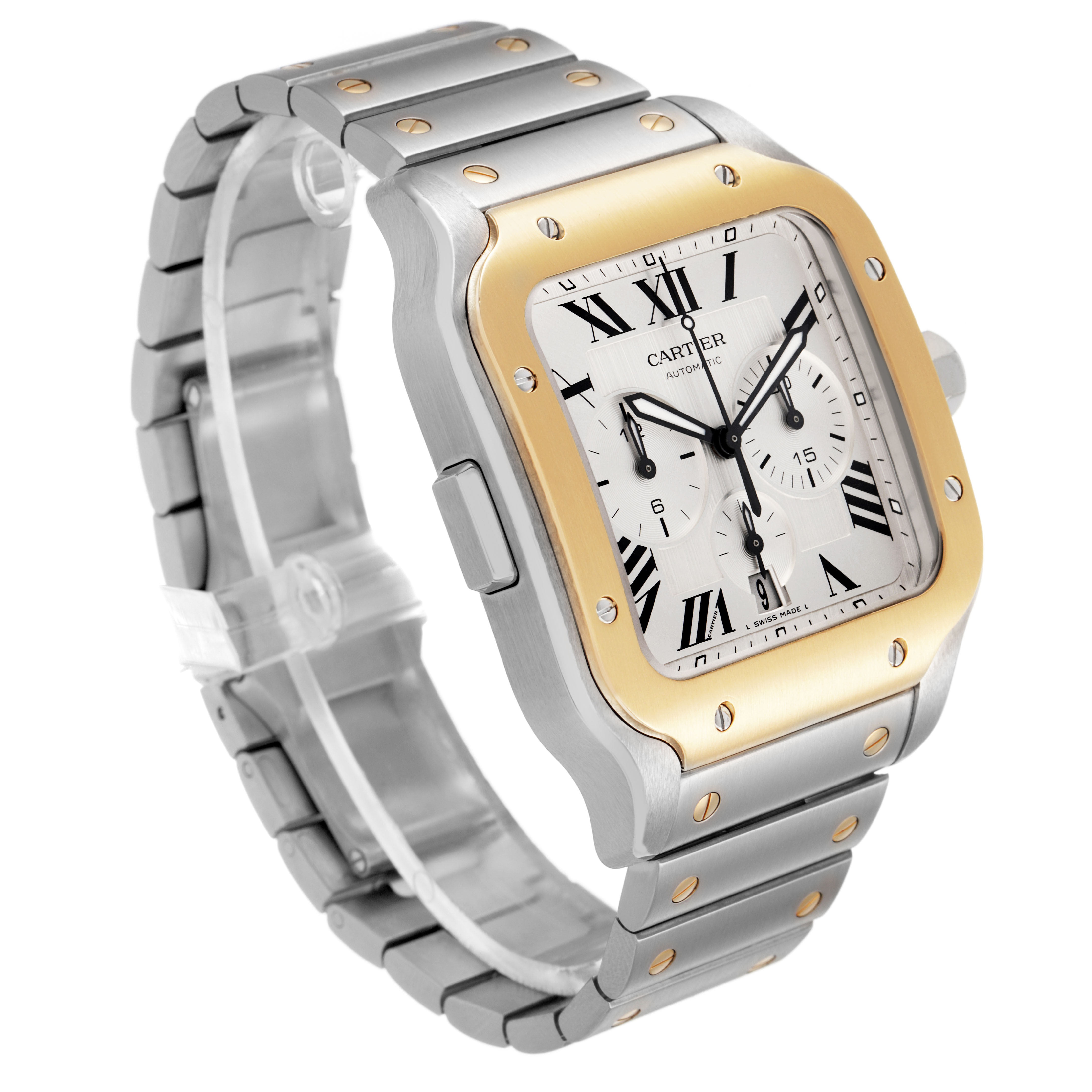 The image shows a Cartier Santos W2SA0008 Men's Steel and Gold (two tone) Silver Dial watch at a slight angle, displaying the bezel, dial, and metal bracelet.