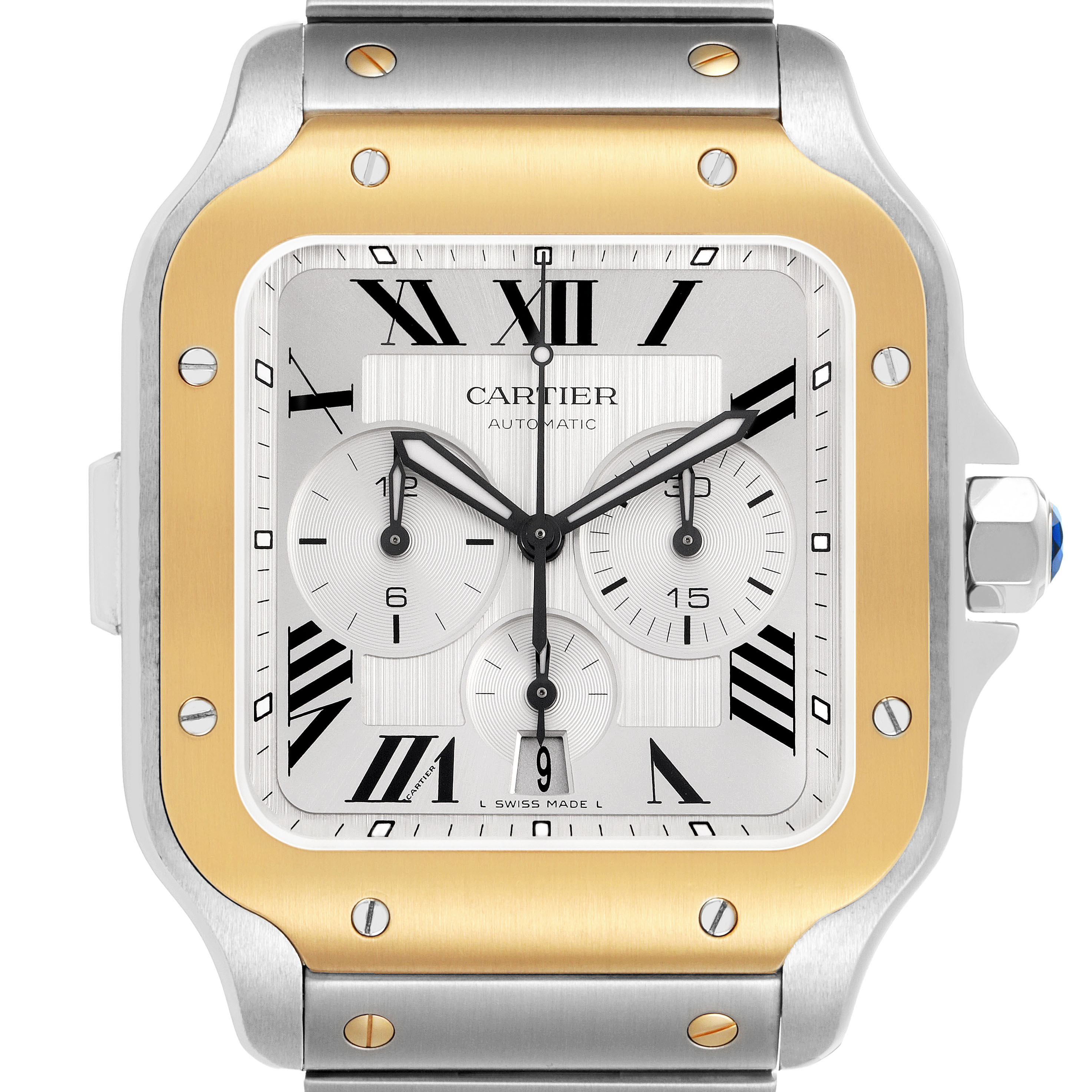 The image shows a front view of a Cartier Santos W2SA0008 Men's Steel and Gold (two tone) Silver Dial watch, highlighting its face, bezel, and part of the bracelet.