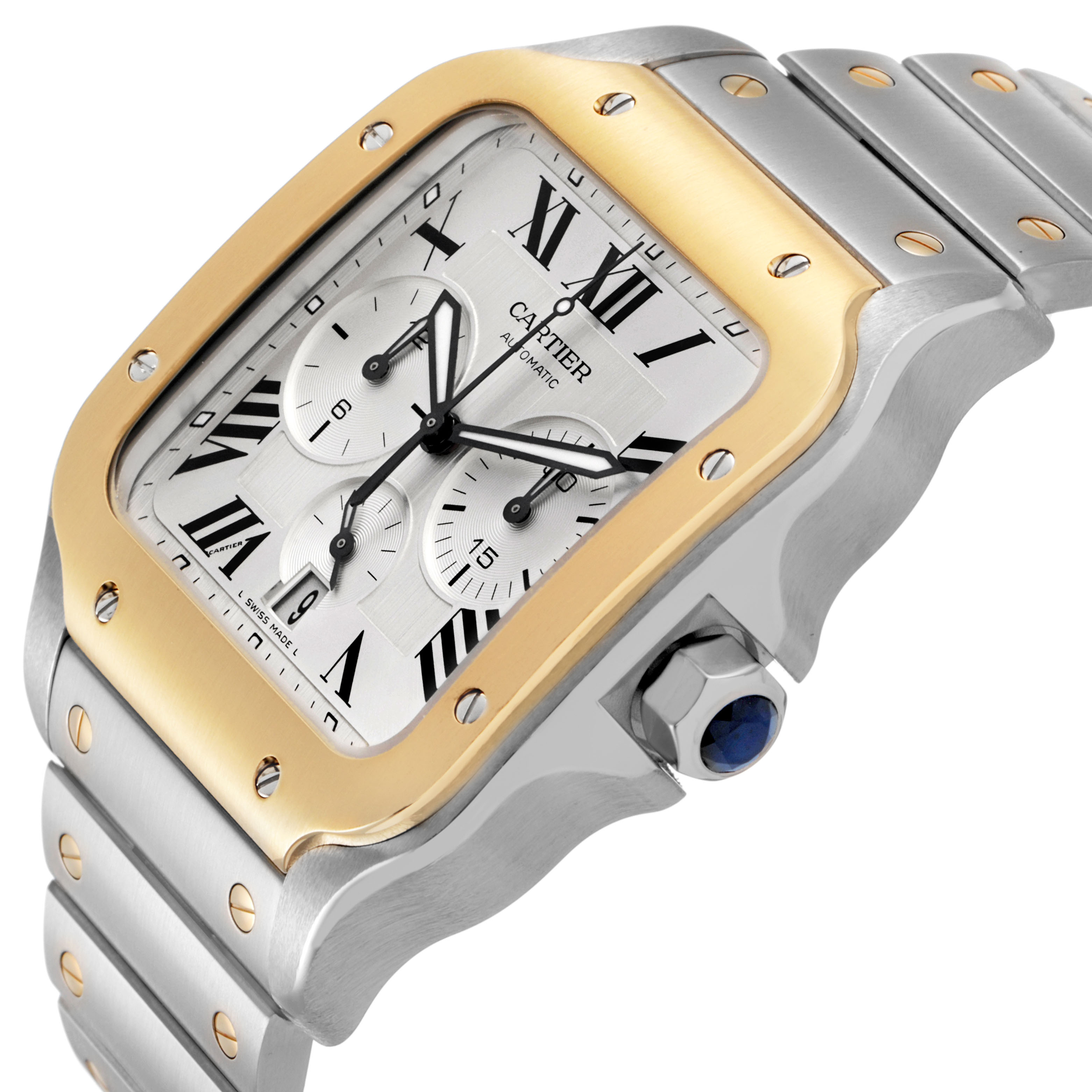 The Cartier Santos W2SA0008 Men's Steel and Gold (two tone) Silver Dial watch is shown at an angle highlighting its face, gold bezel, chronograph subdials, and bracelet with links.