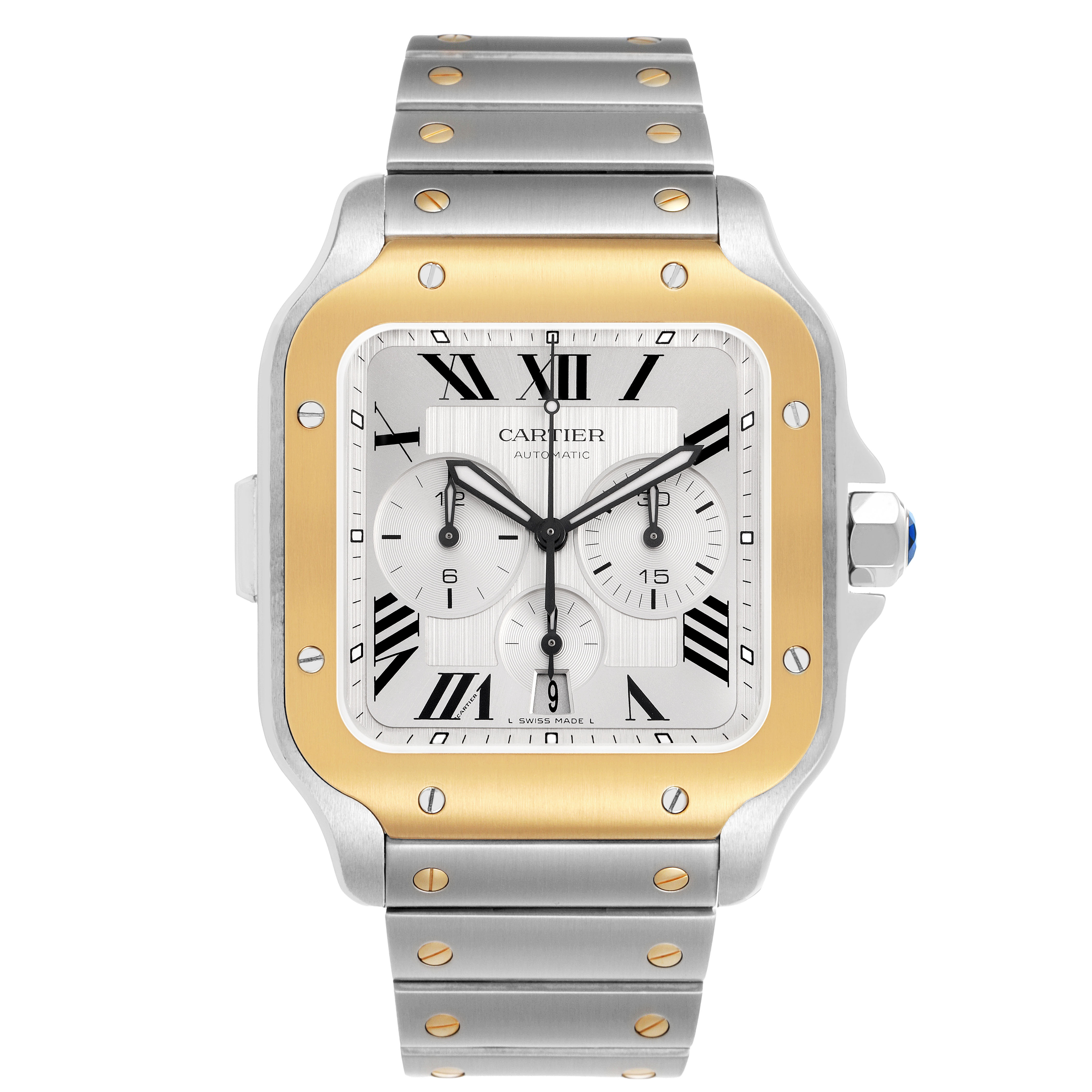 The Cartier Santos W2SA0008 Men's Steel and Gold (two tone) Silver Dial watch is shown from a front view, highlighting its dial, bezel, and metal bracelet.