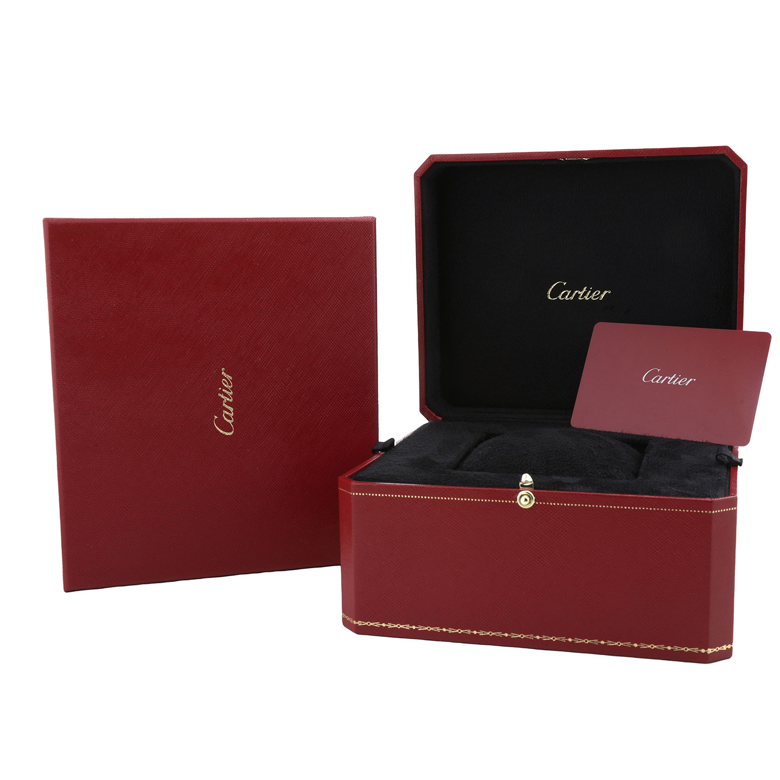 The image shows a Cartier Santos W2SA0008 Men's Steel and Gold (two tone) Silver Dial watch box set, including the open box, outer box, and a booklet or card.