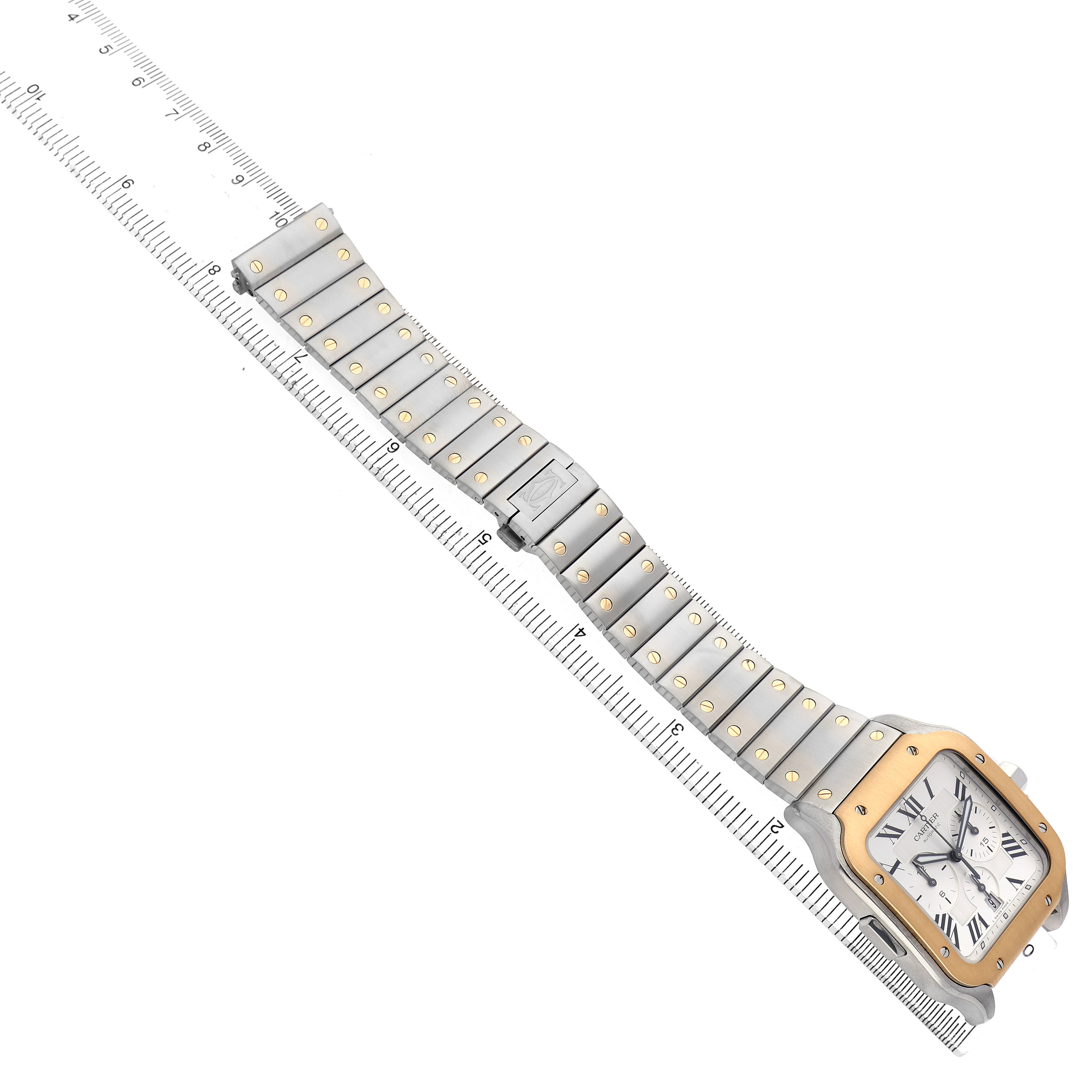 The image shows a Santos model by Cartier from a top view, highlighting the watch face, bracelet, and clasp.