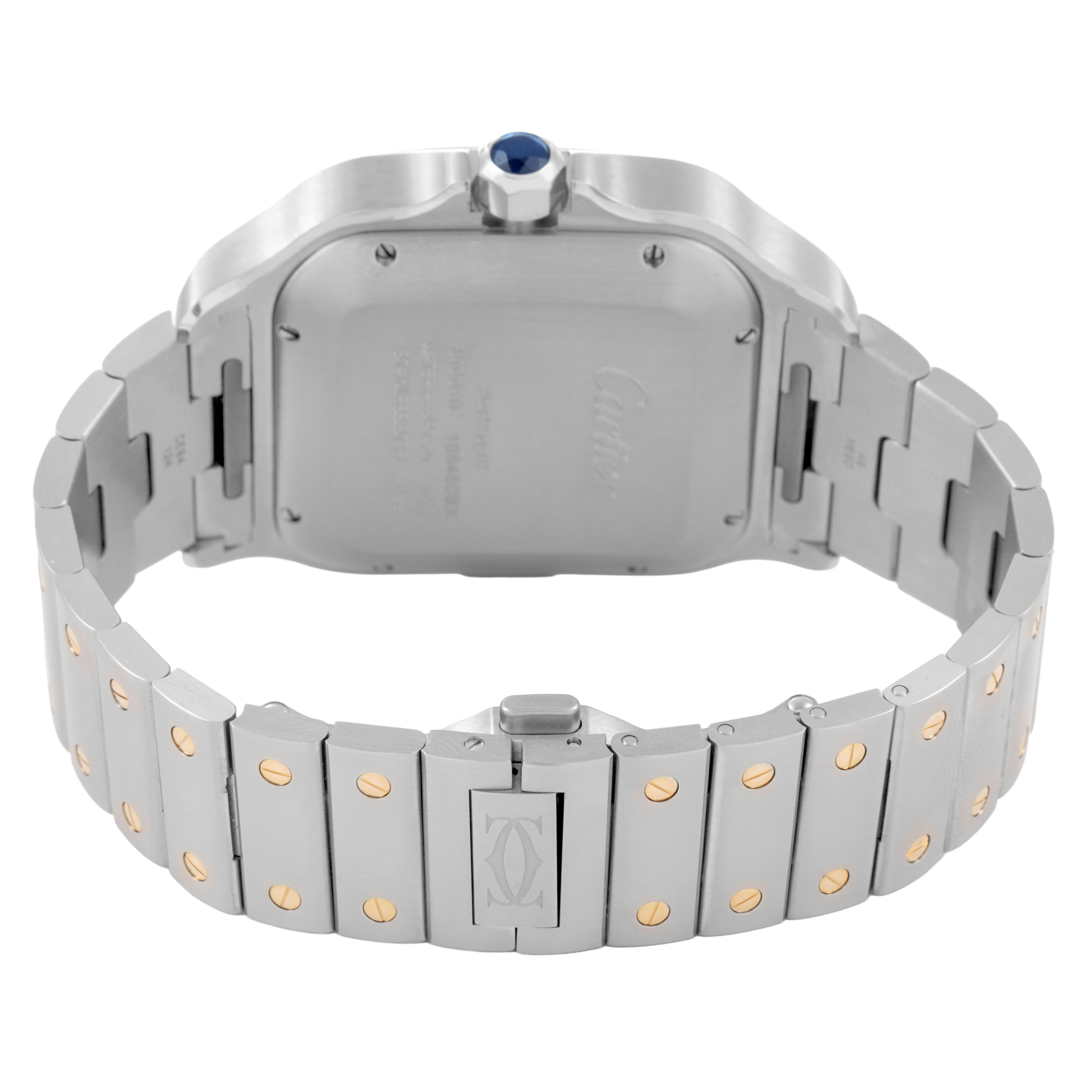 The image shows the back view of a Cartier Santos W2SA0008 Men's Steel and Gold (two tone) Silver Dial watch, highlighting its bracelet, clasp, and case back.