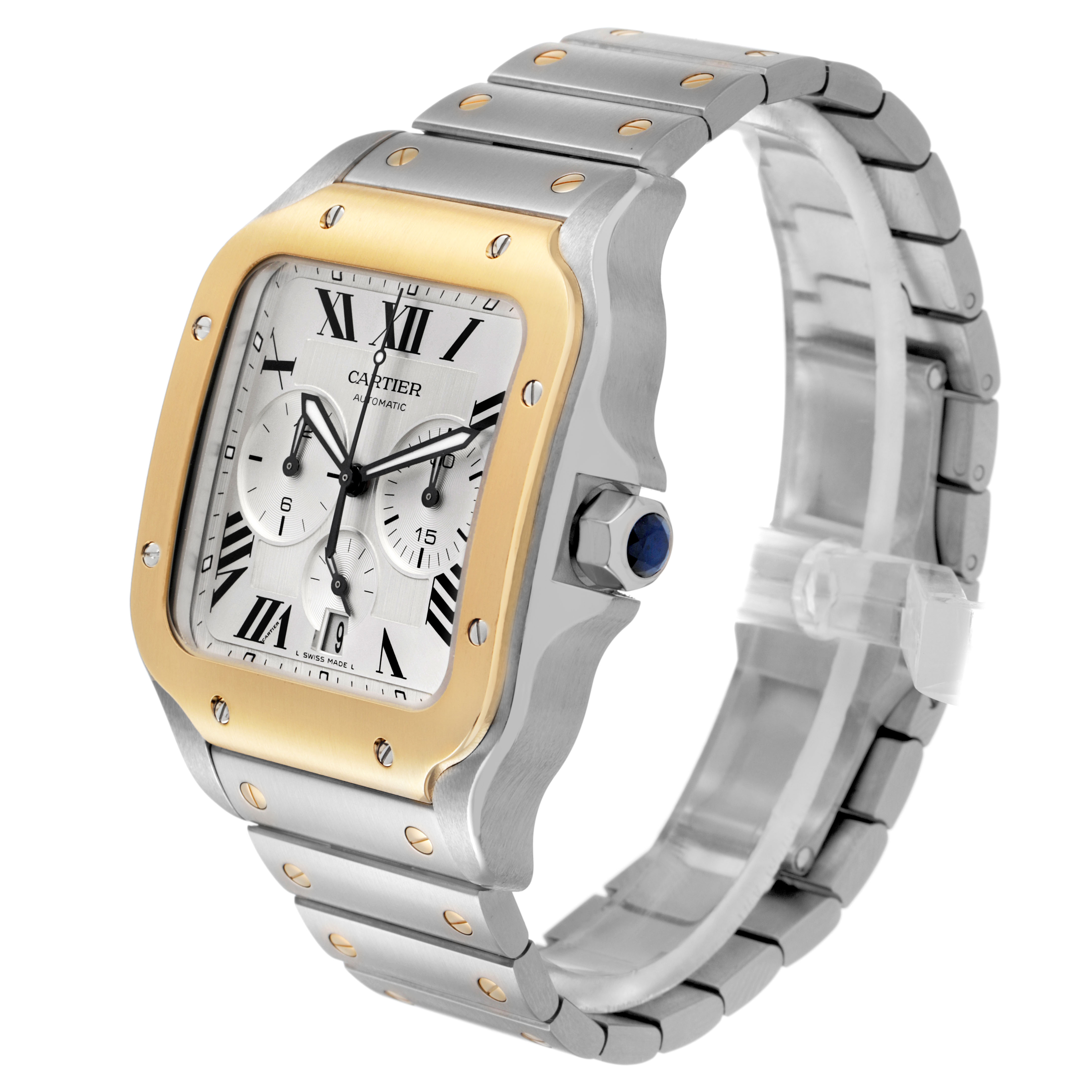 The Cartier Santos W2SA0008 Men's Steel and Gold (two tone) Silver Dial watch is shown at a three-quarter angle, highlighting its silver and gold case, dial, and bracelet.