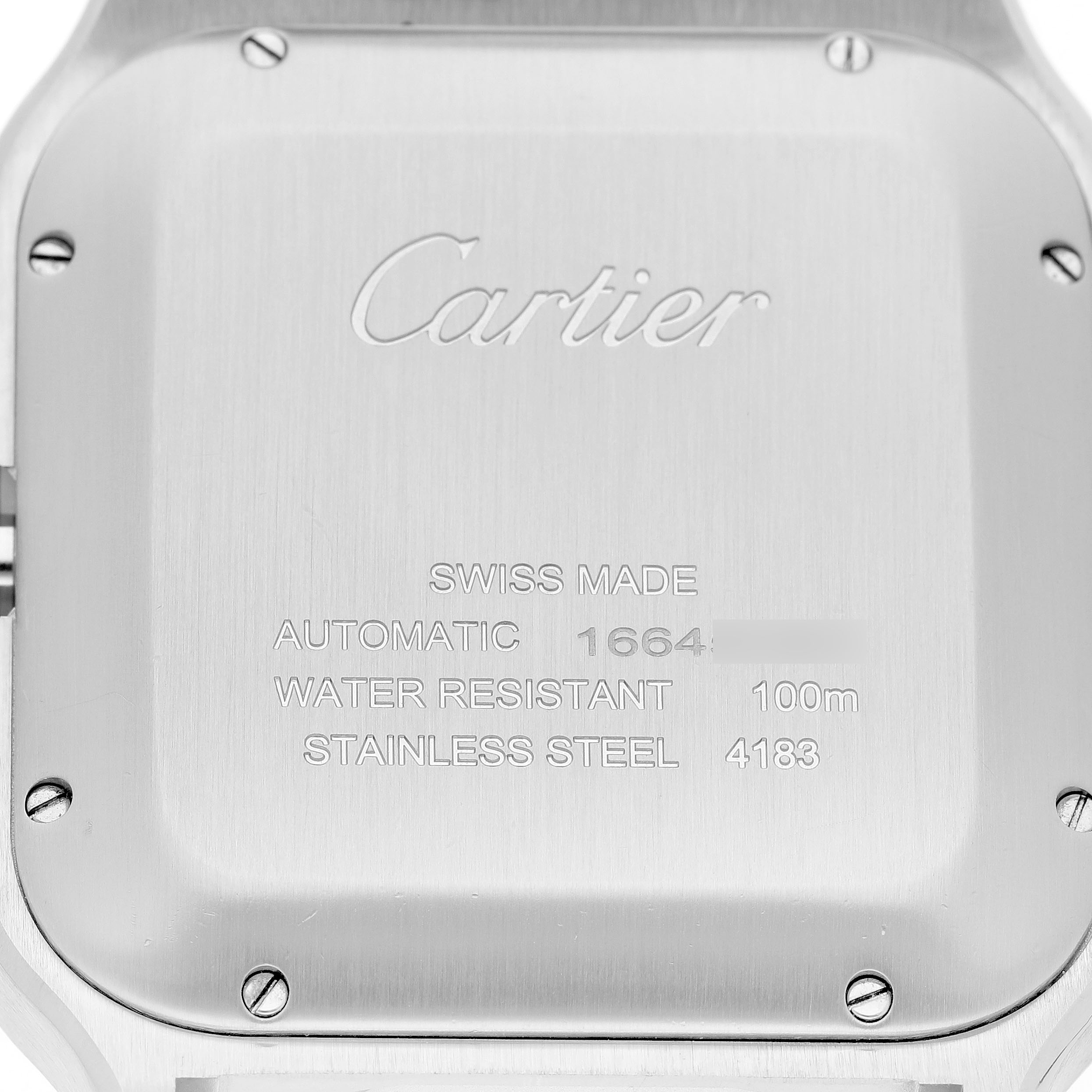 The image shows the back of a Cartier Santos W2SA0008 Men's Steel and Gold (two tone) Silver Dial watch, highlighting the engraved details and screws.