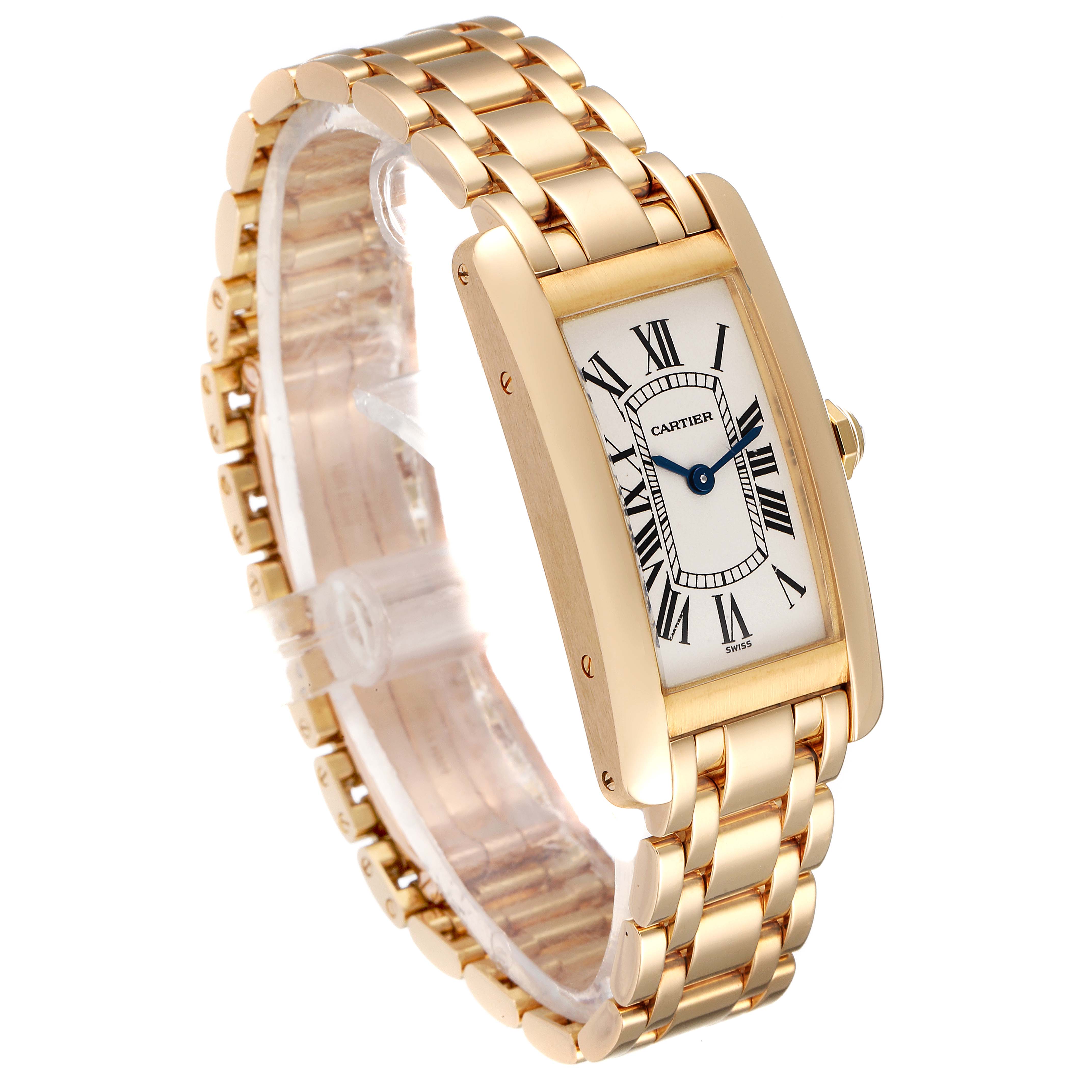 The image shows a Cartier Tank Americaine W26015K2 Women's Yellow Gold Silver Dial W26015K2 Women's Yellow Gold Silver Dial watch at a slight angle, highlighting its gold rectangular case and linked bracelet.