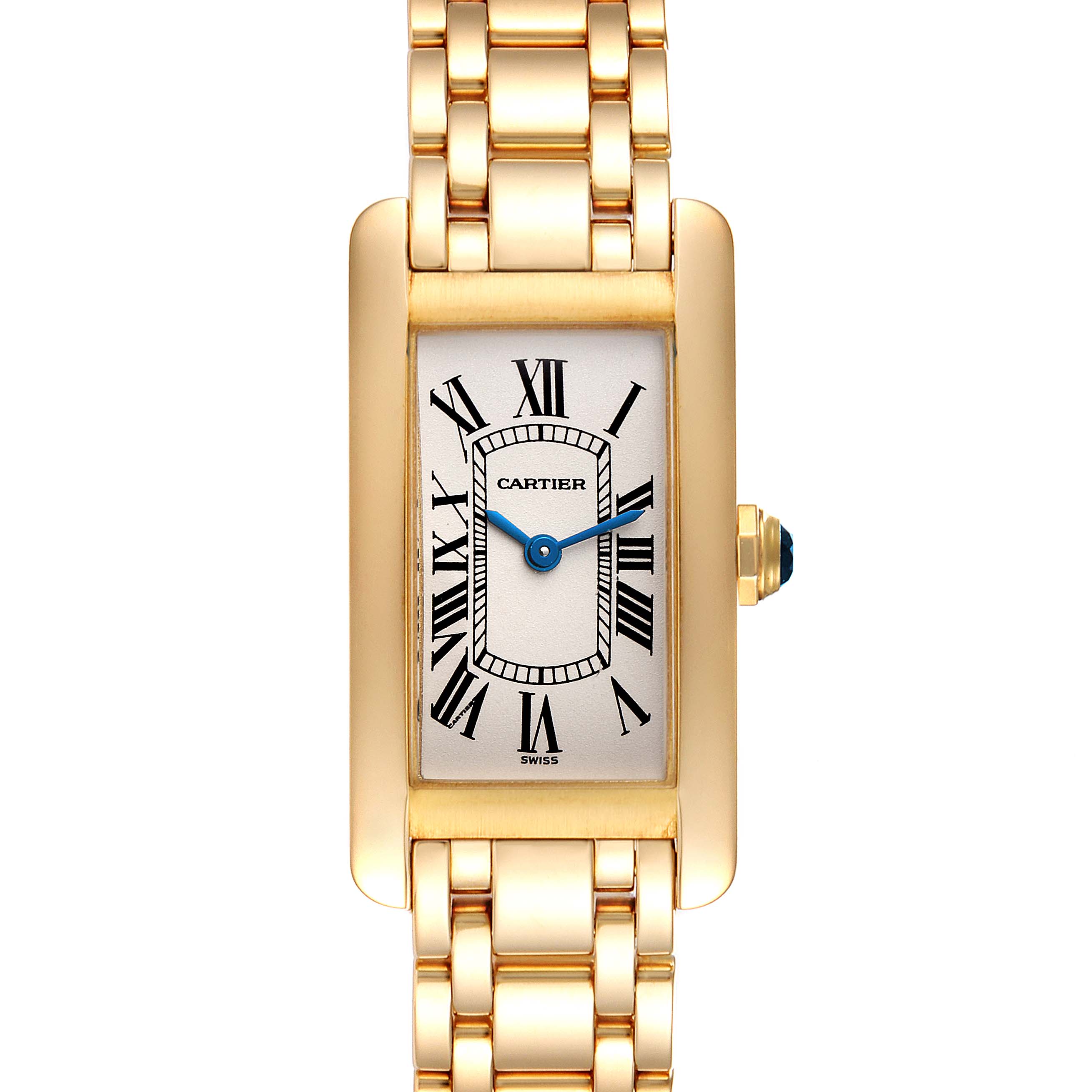 The image shows a front view of the Cartier Tank Americaine W26015K2 Women's Yellow Gold Silver Dial W26015K2 Women's Yellow Gold Silver Dial watch, highlighting its rectangular dial, Roman numerals, and stainless steel bracelet.