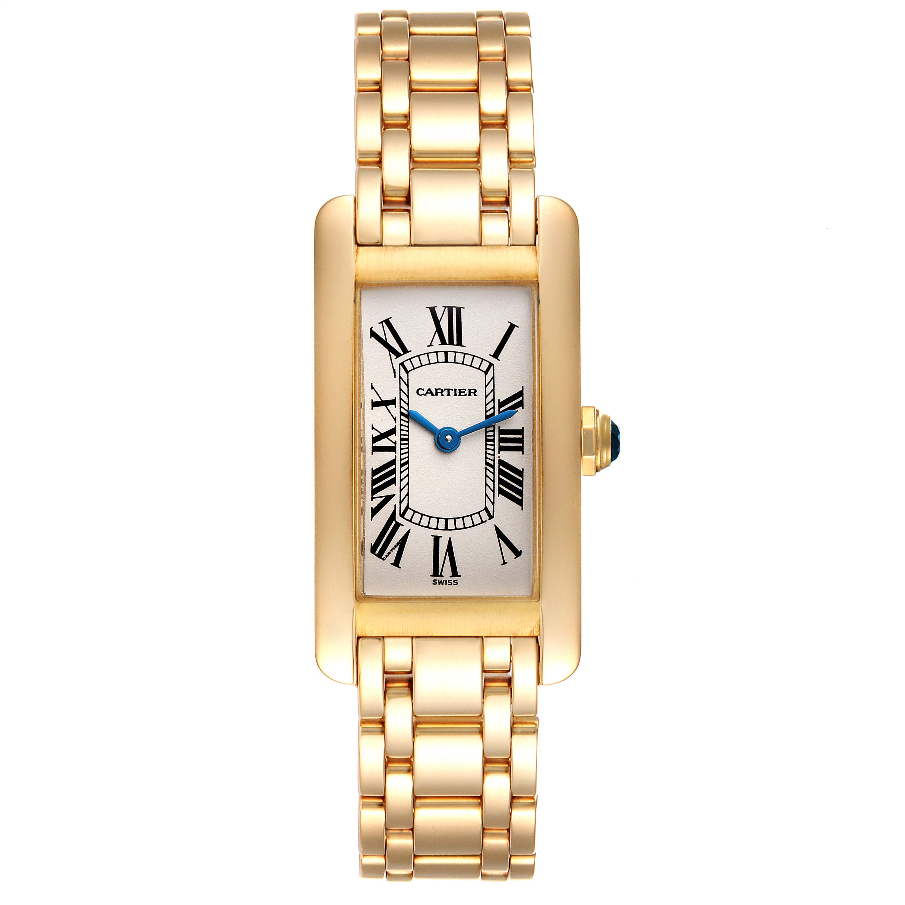 This image shows a Tank Americaine model by Cartier from a top-front angle, displaying the entire watch and its bracelet.