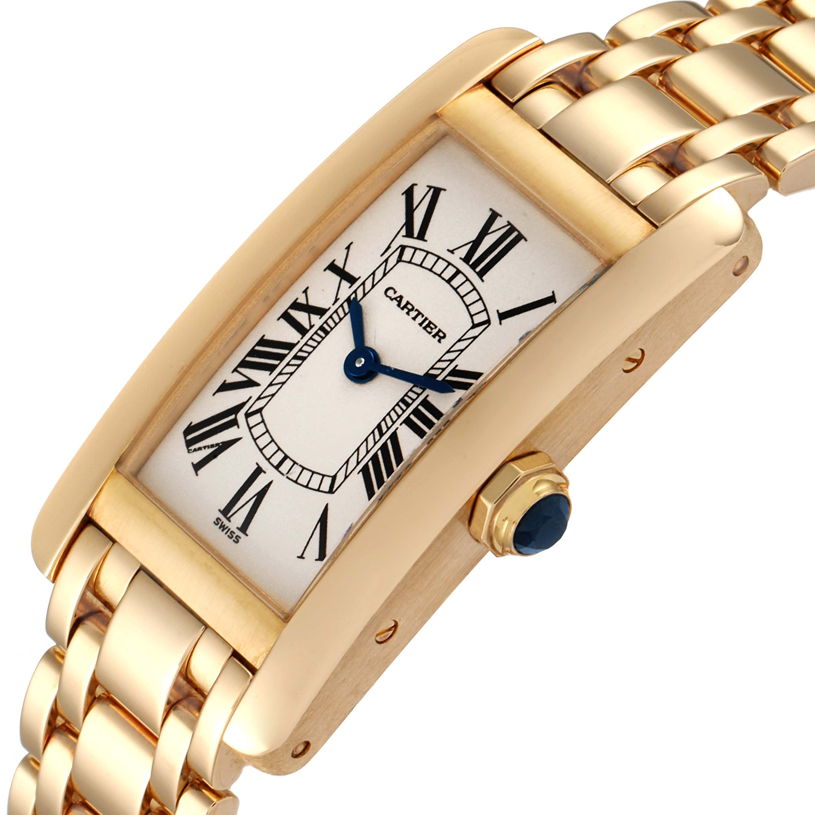 The image shows a close-up, angled view of the Cartier Tank Américaine watch, highlighting the face, bezel, and part of the bracelet.