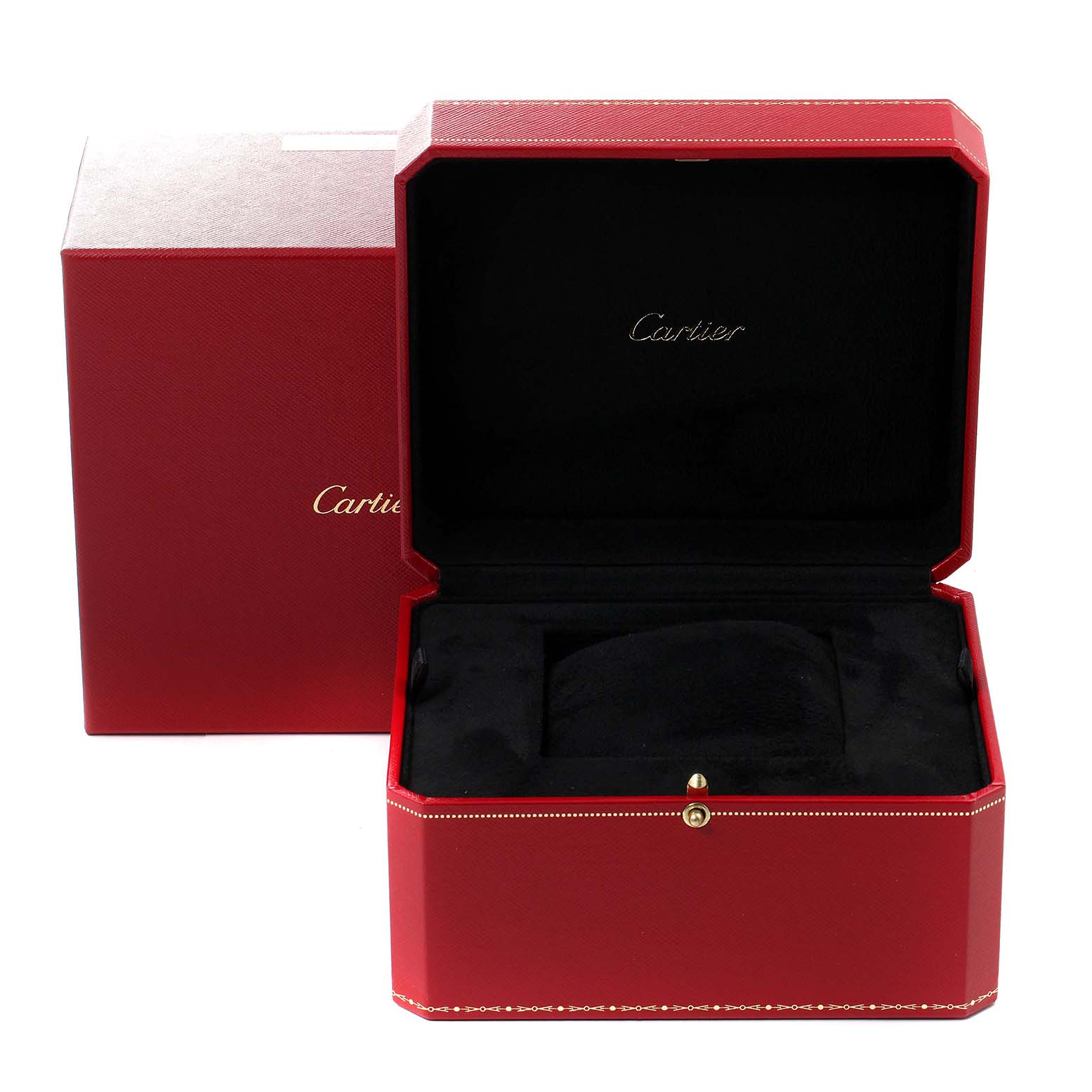 The image shows an open red Cartier box for the Tank Americaine model watch, highlighting the luxurious interior and packaging.