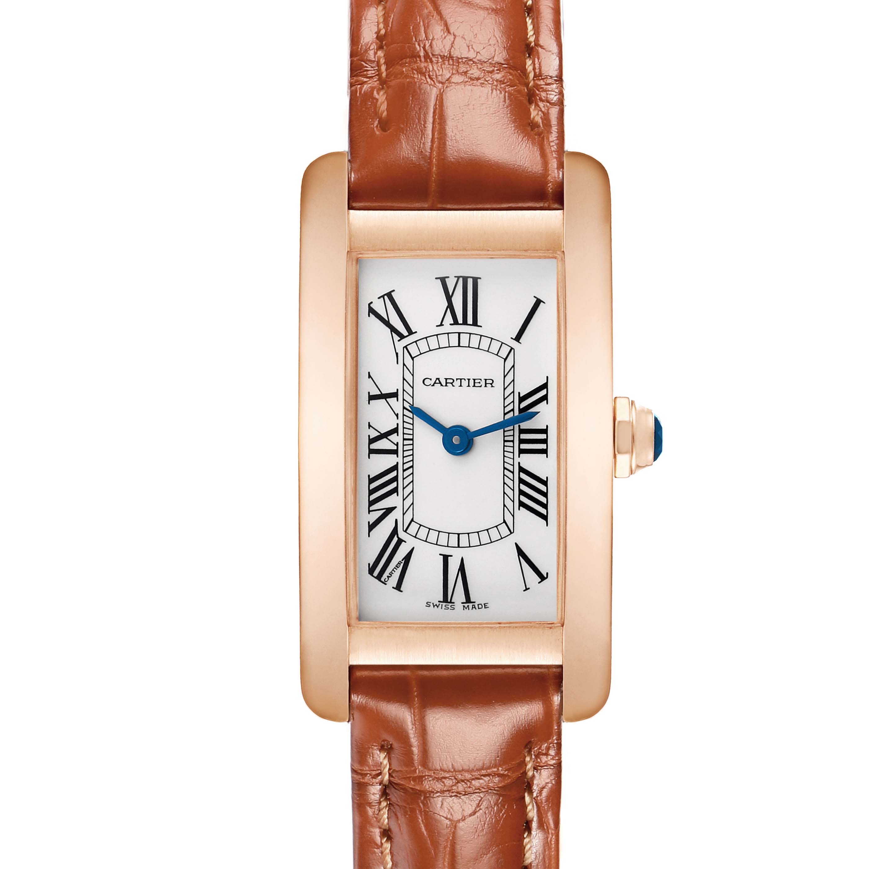 The Tank Américaine by Cartier is shown from a top-down angle, featuring the rectangular dial and leather strap.