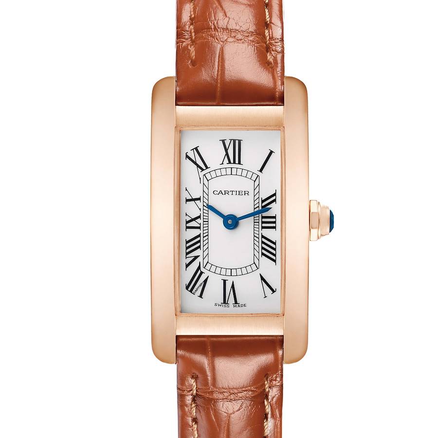 The Tank Américaine by Cartier is shown from a top-down angle, featuring the rectangular dial and leather strap.
