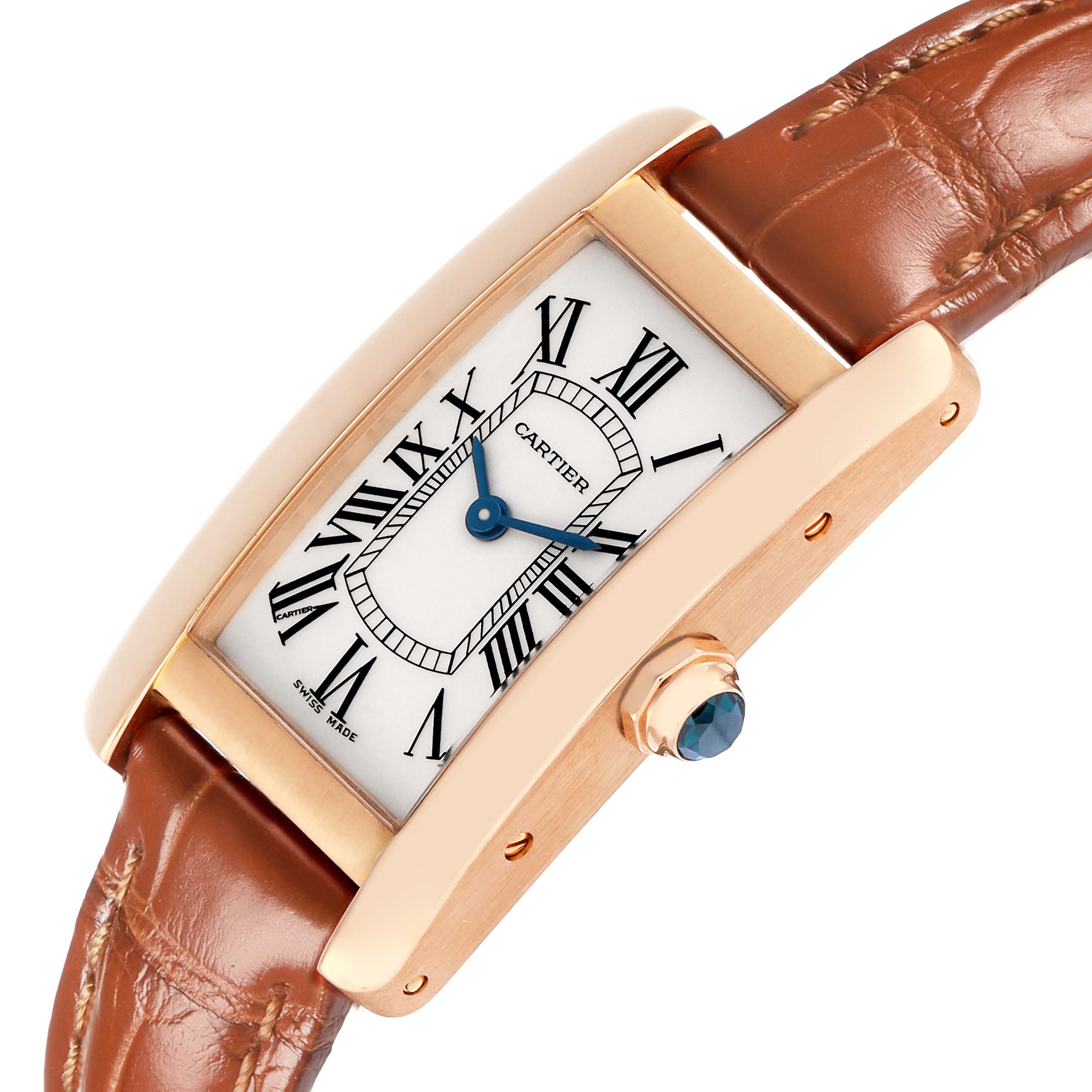 The Cartier Tank Americaine W2607456 Women
s Rose Gold Silver Dial watch is shown from a slight side angle, displaying the face, crown, and part of the leather strap.