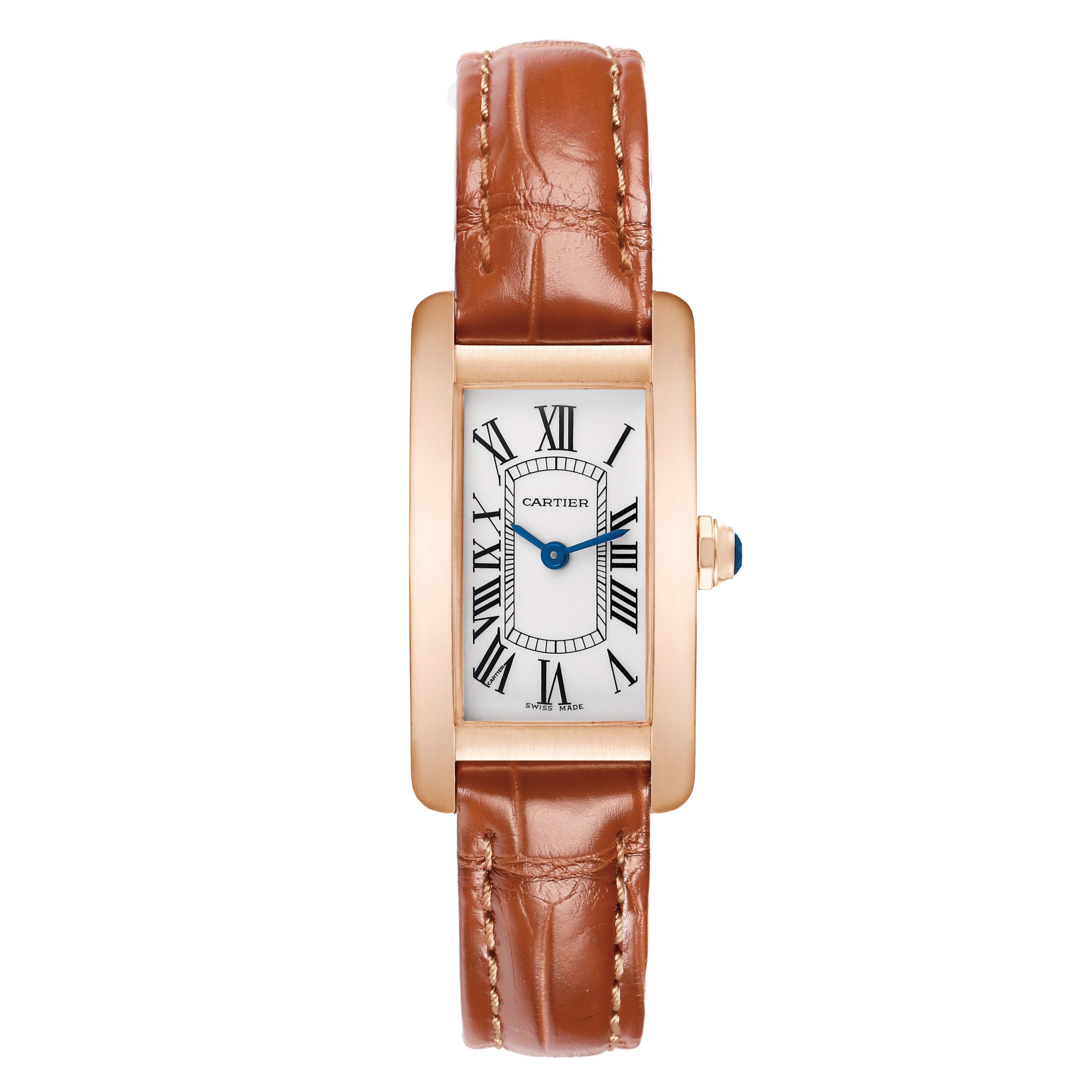 The Cartier Tank Americaine W2607456 Women
s Rose Gold Silver Dial watch is shown from a top view, displaying its face, case, crown, and leather strap.