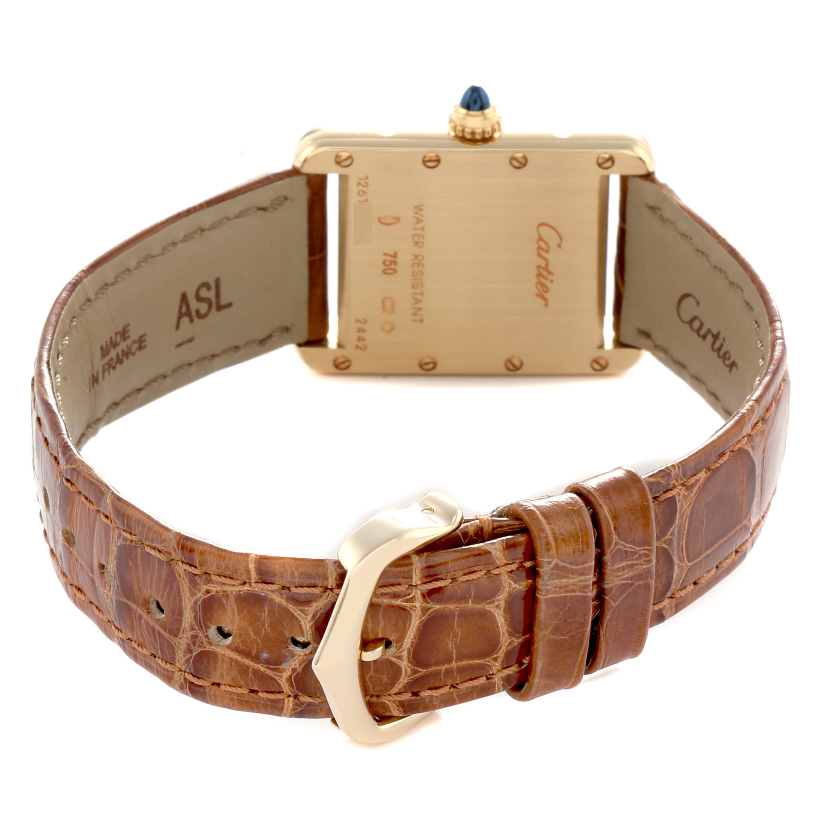 The image shows the back view of the Cartier Tank Louis W1529856 Women's Yellow Gold Silver Dial watch, highlighting the case back, leather strap, and buckle.