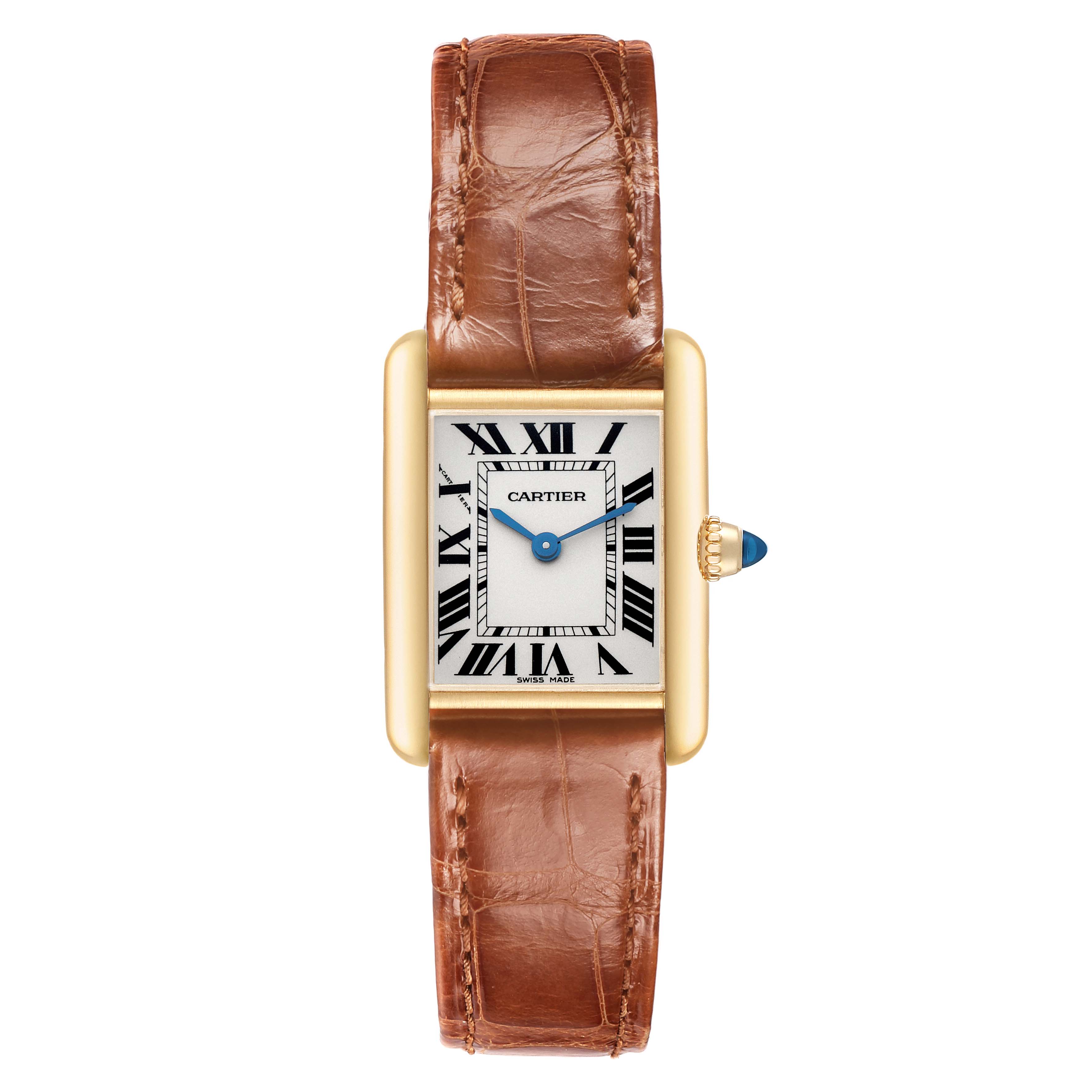 The Cartier Tank Louis W1529856 Women's Yellow Gold Silver Dial watch is shown from a front view, displaying the face, case, and leather strap.