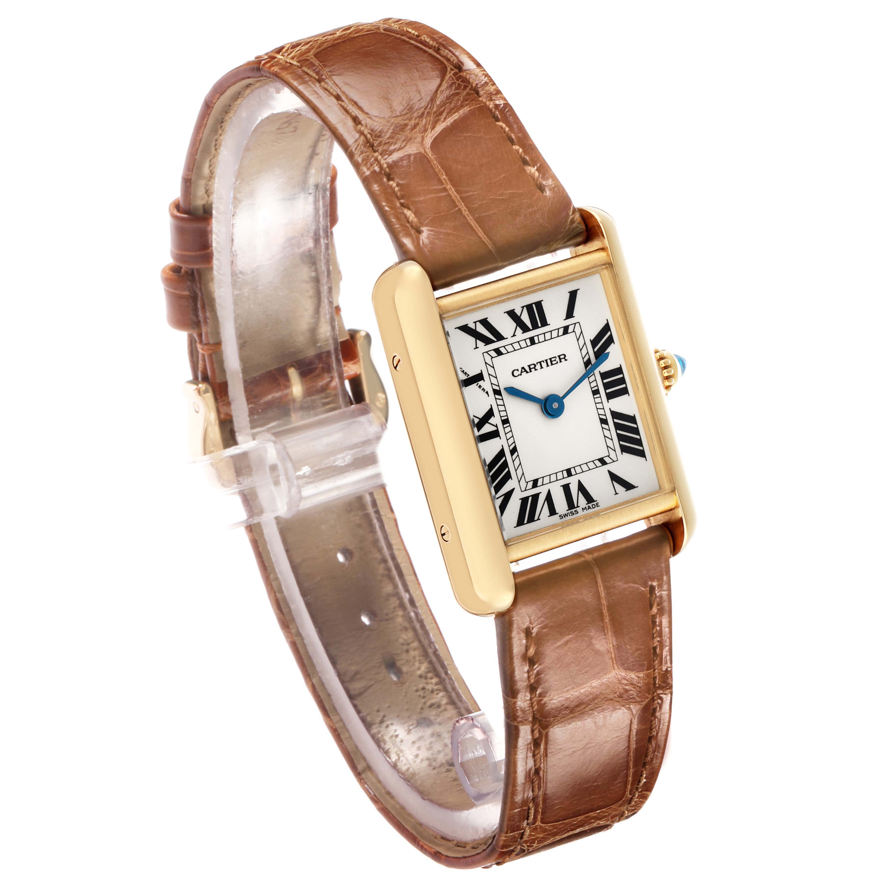 The Cartier Tank Louis W1529856 Women's Yellow Gold Silver Dial watch is shown at an angle highlighting its rectangular face, gold case, blue hands, and brown leather strap.
