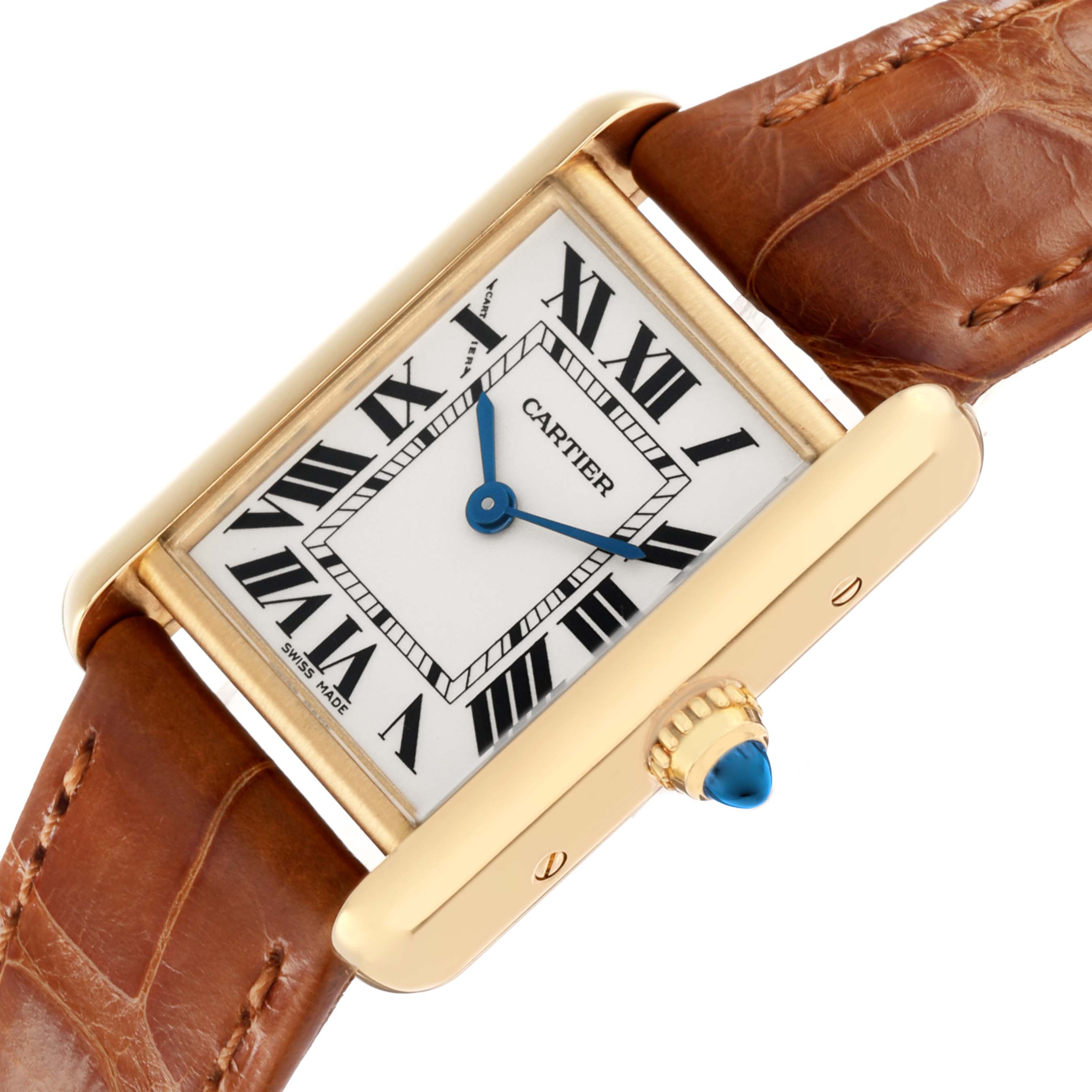 The Cartier Tank Louis W1529856 Women's Yellow Gold Silver Dial watch is shown at an angle highlighting the gold case, Roman numeral dial, and textured brown leather strap.