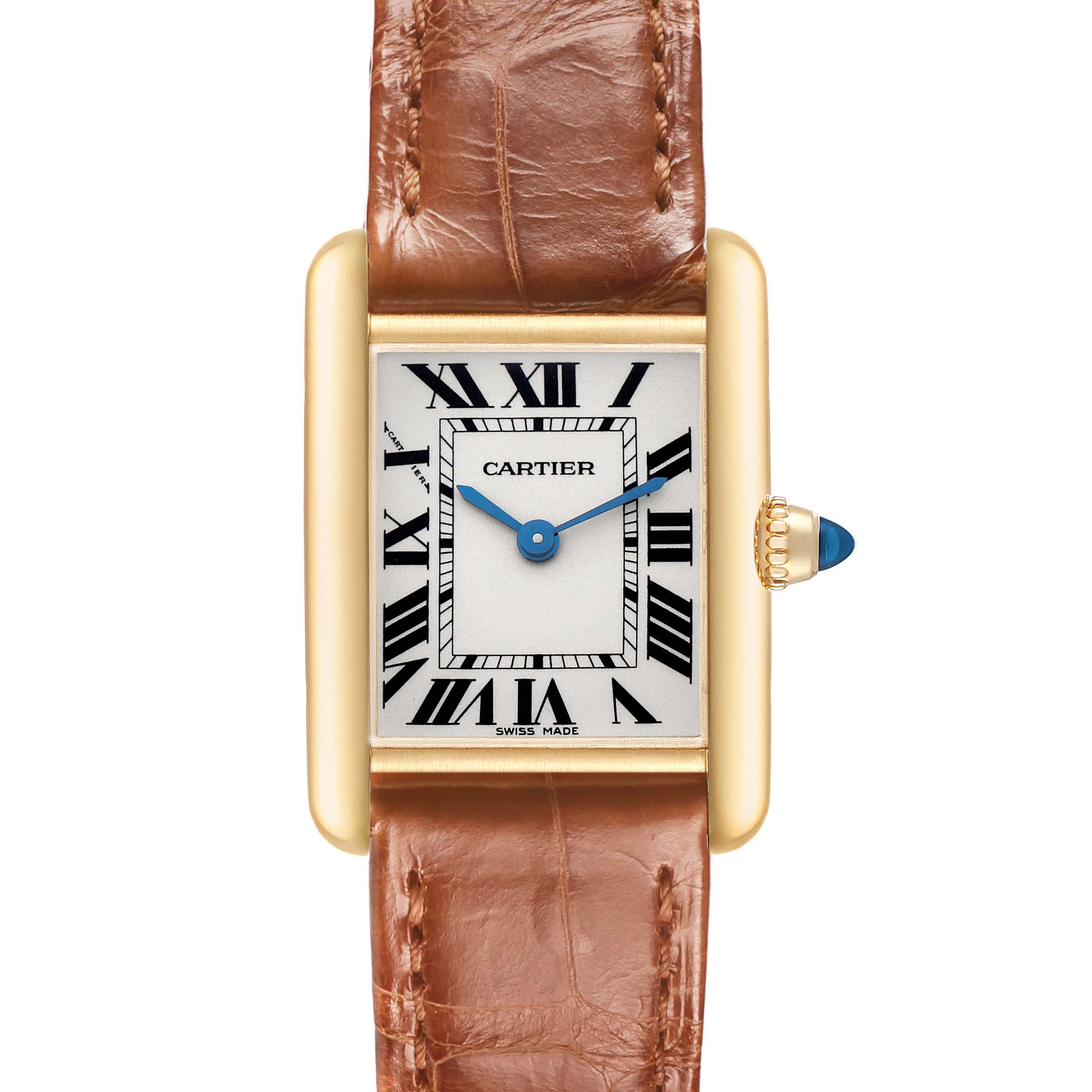 The Cartier Tank Louis W1529856 Women's Yellow Gold Silver Dial watch is shown from a front angle, highlighting the dial, Roman numerals, and leather strap.