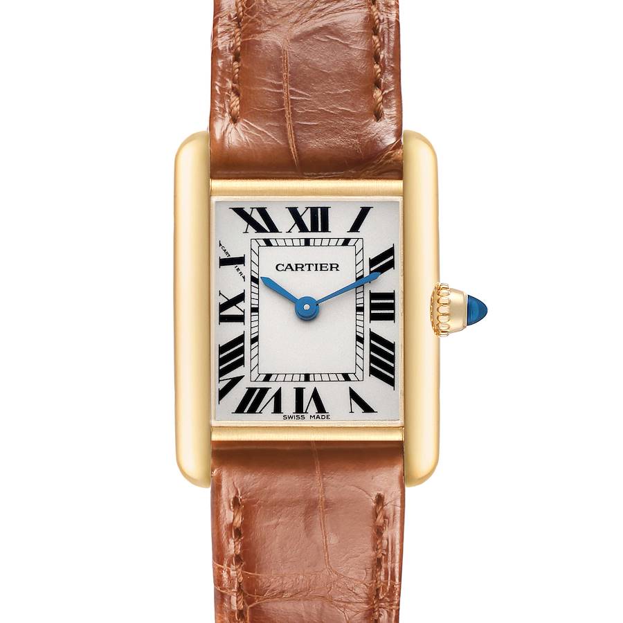 The Cartier Tank Louis W1529856 Women's Yellow Gold Silver Dial watch is shown from a front angle, highlighting the dial, Roman numerals, and leather strap.