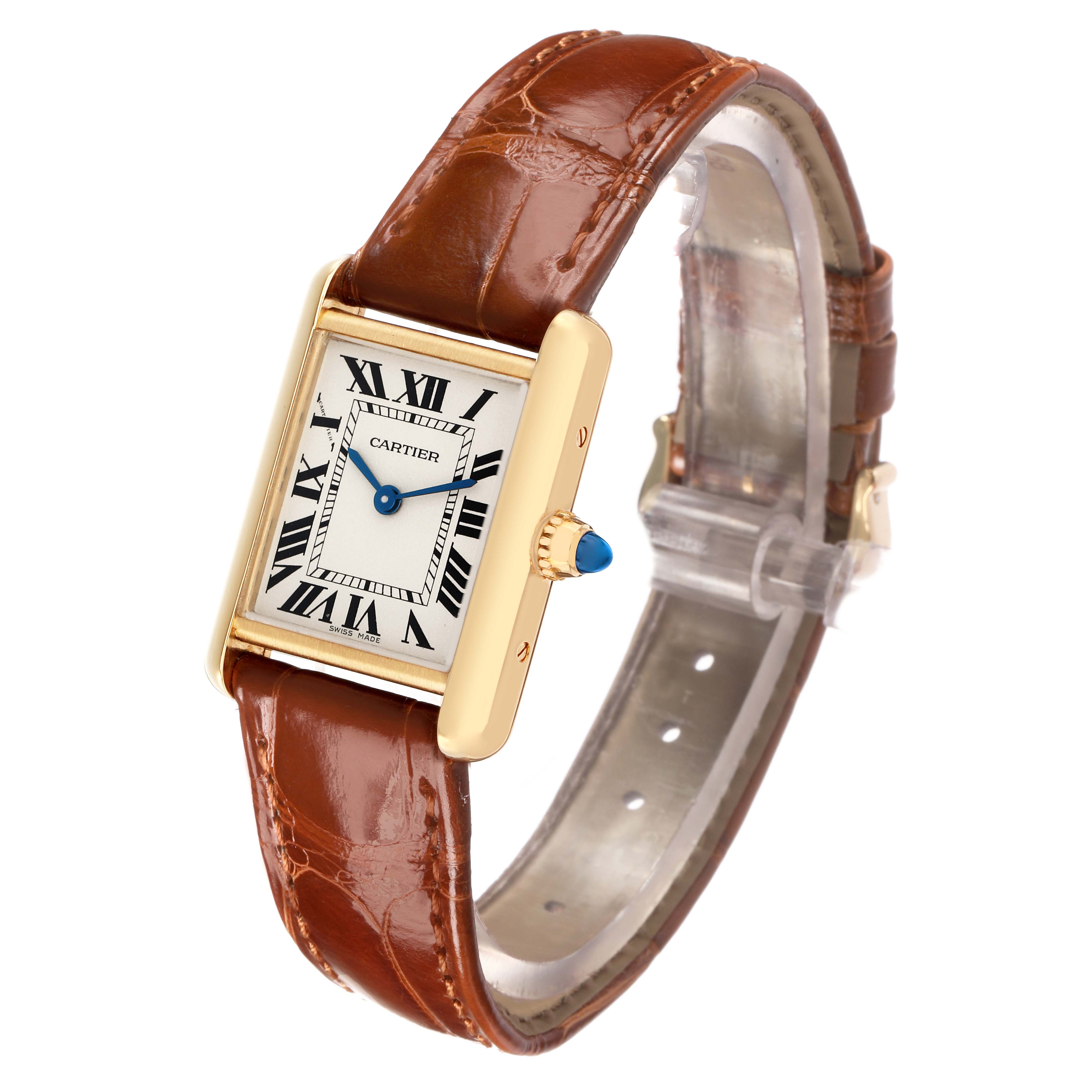 The Cartier Tank Louis W1529856 Women's Yellow Gold Silver Dial watch is shown at a slight angle highlighting the face, strap, and crown.