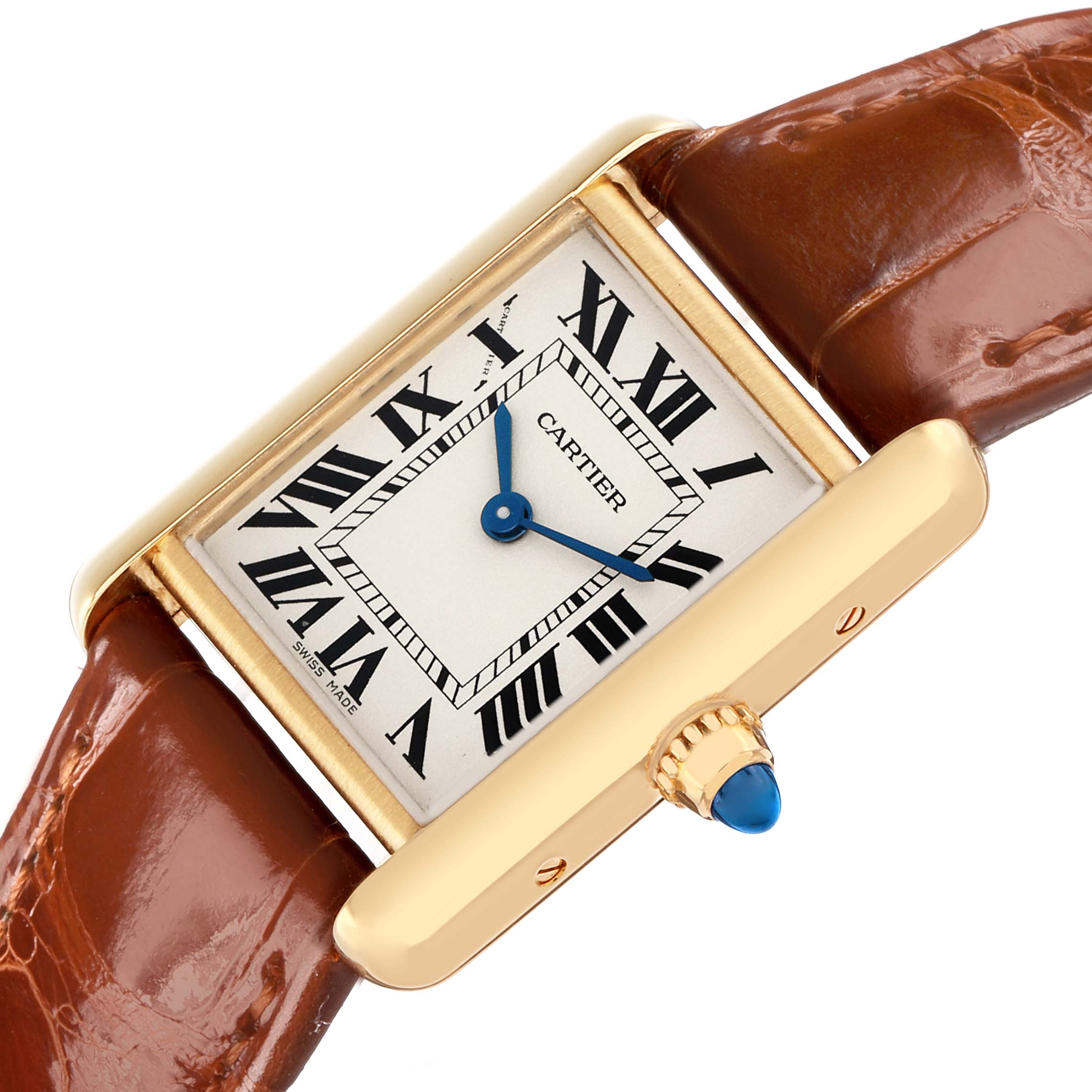 The Cartier Tank Louis W1529856 Women's Yellow Gold Silver Dial watch is shown at an angle highlighting its rectangular face, blue hands, Roman numerals, gold case, and brown leather strap.