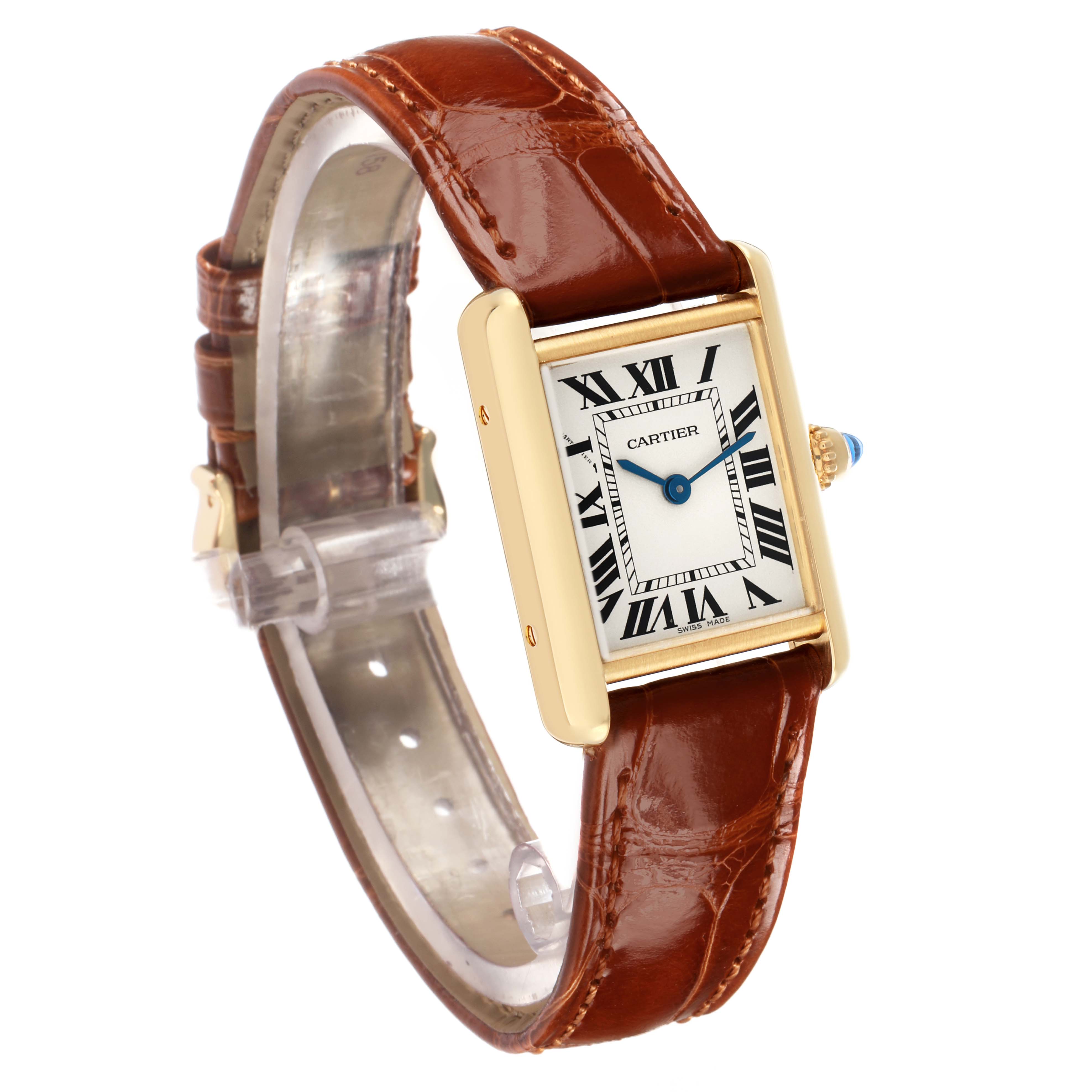 The Cartier Tank Louis W1529856 Women's Yellow Gold Silver Dial watch is shown at an angle highlighting its rectangular face, leather strap, and blue crown.