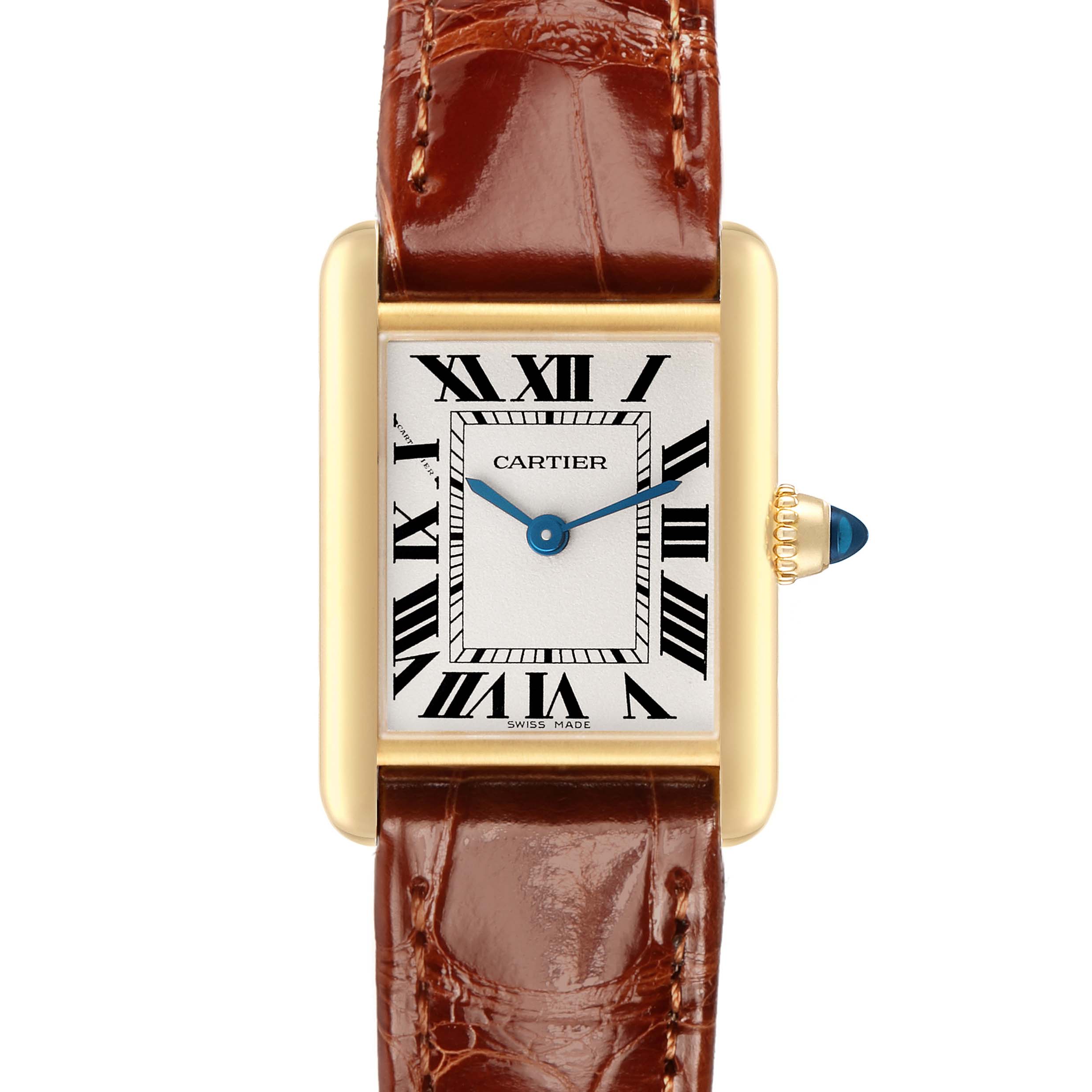 The Cartier Tank Louis W1529856 Women's Yellow Gold Silver Dial watch is shown from a front view, highlighting its rectangular face, Roman numerals, and brown leather strap.