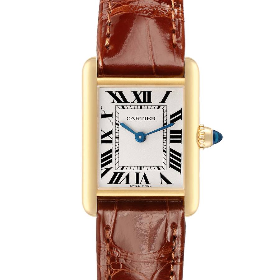 The Cartier Tank Louis W1529856 Women's Yellow Gold Silver Dial watch is shown from a front view, highlighting its rectangular face, Roman numerals, and brown leather strap.
