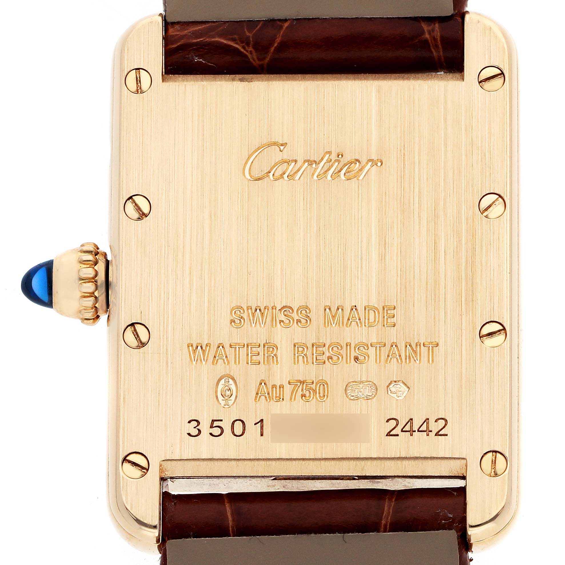 The image shows the back of the Cartier Tank Louis W1529856 Women's Yellow Gold Silver Dial watch, highlighting engravings and the crown with a blue cabochon.