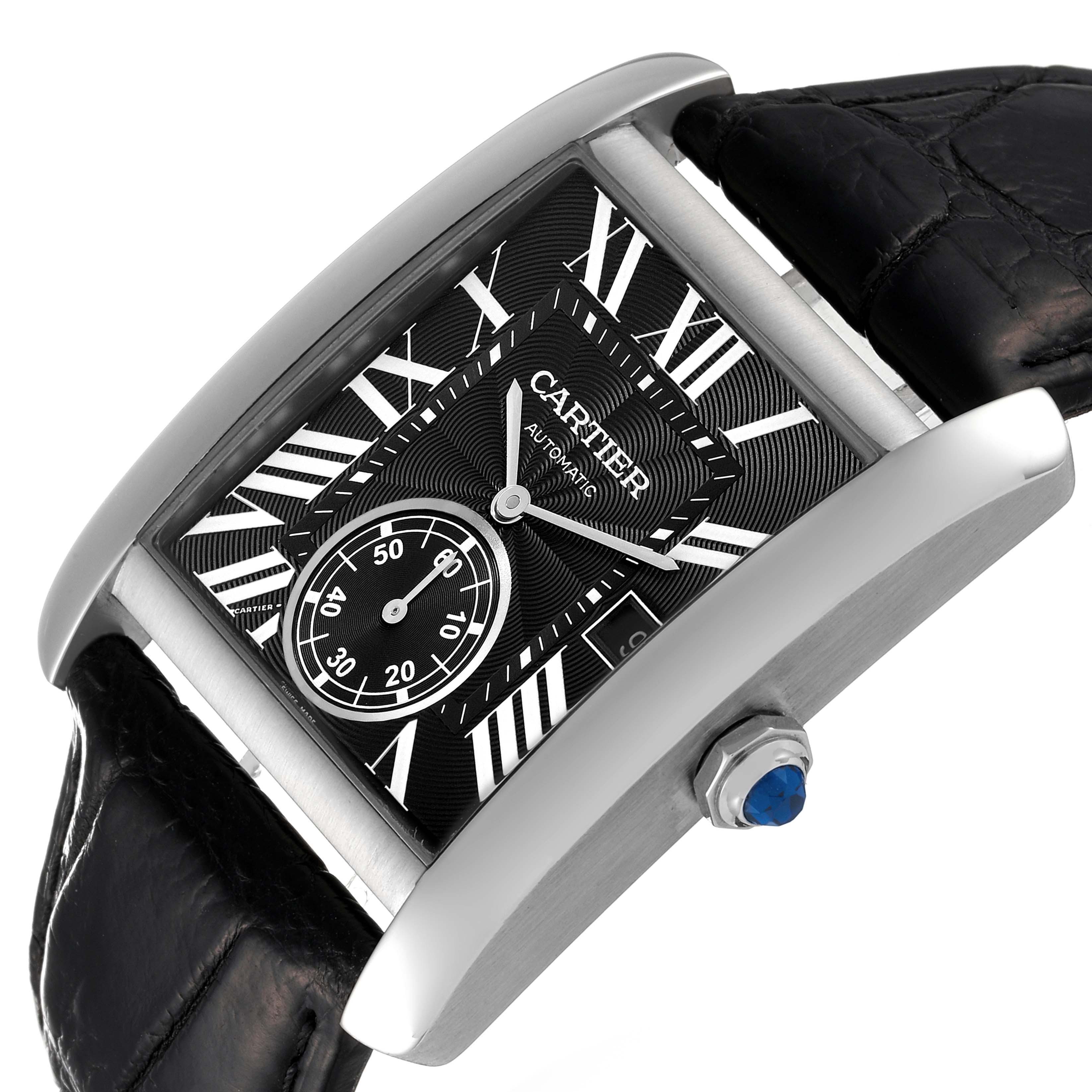 The image shows a close-up, angled view of the Cartier Tank MC W5330004 Men's Stainless Steel Black Dial W5330004 Men's Stainless Steel Black Dial watch, highlighting the face, crown, and part of the strap.