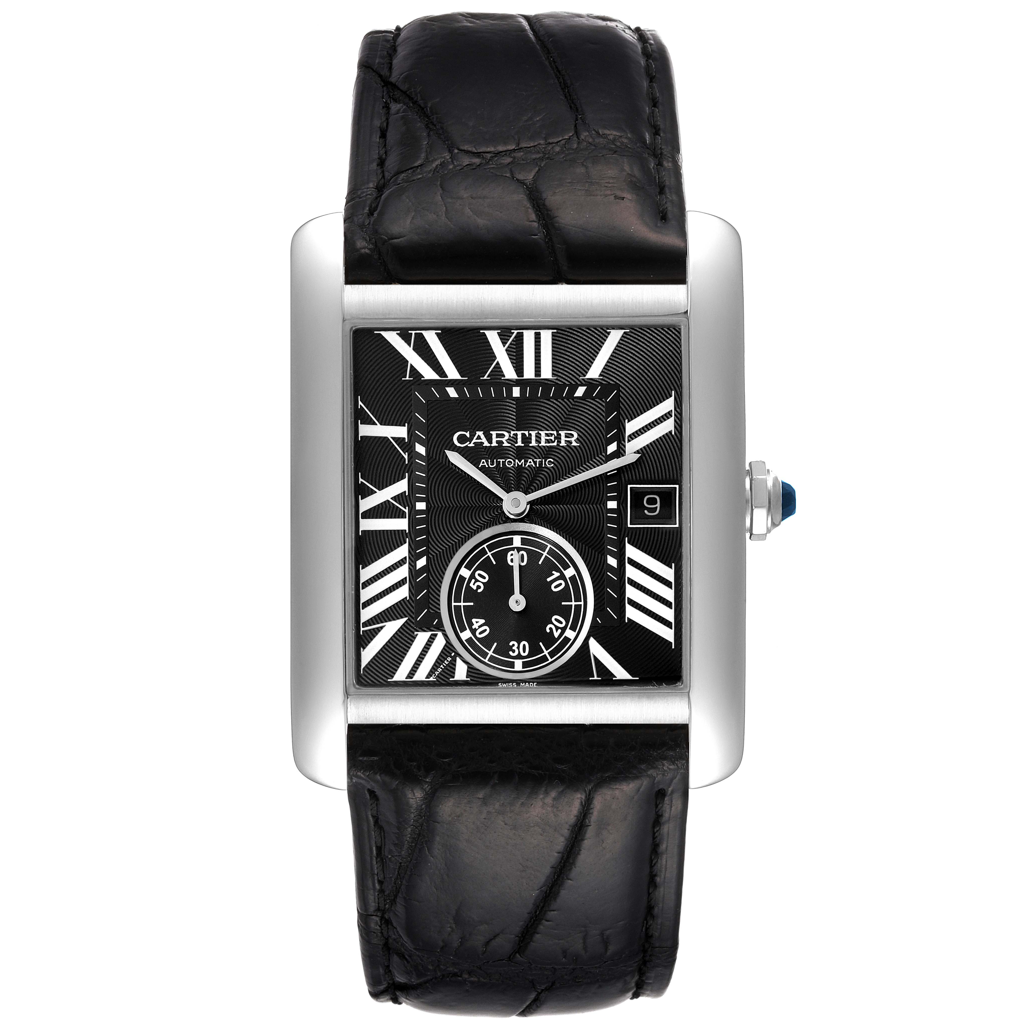 This image shows a frontal view of the Cartier Tank MC W5330004 Men's Stainless Steel Black Dial W5330004 Men's Stainless Steel Black Dial watch, displaying its black dial, Roman numerals, date window, and black leather strap.