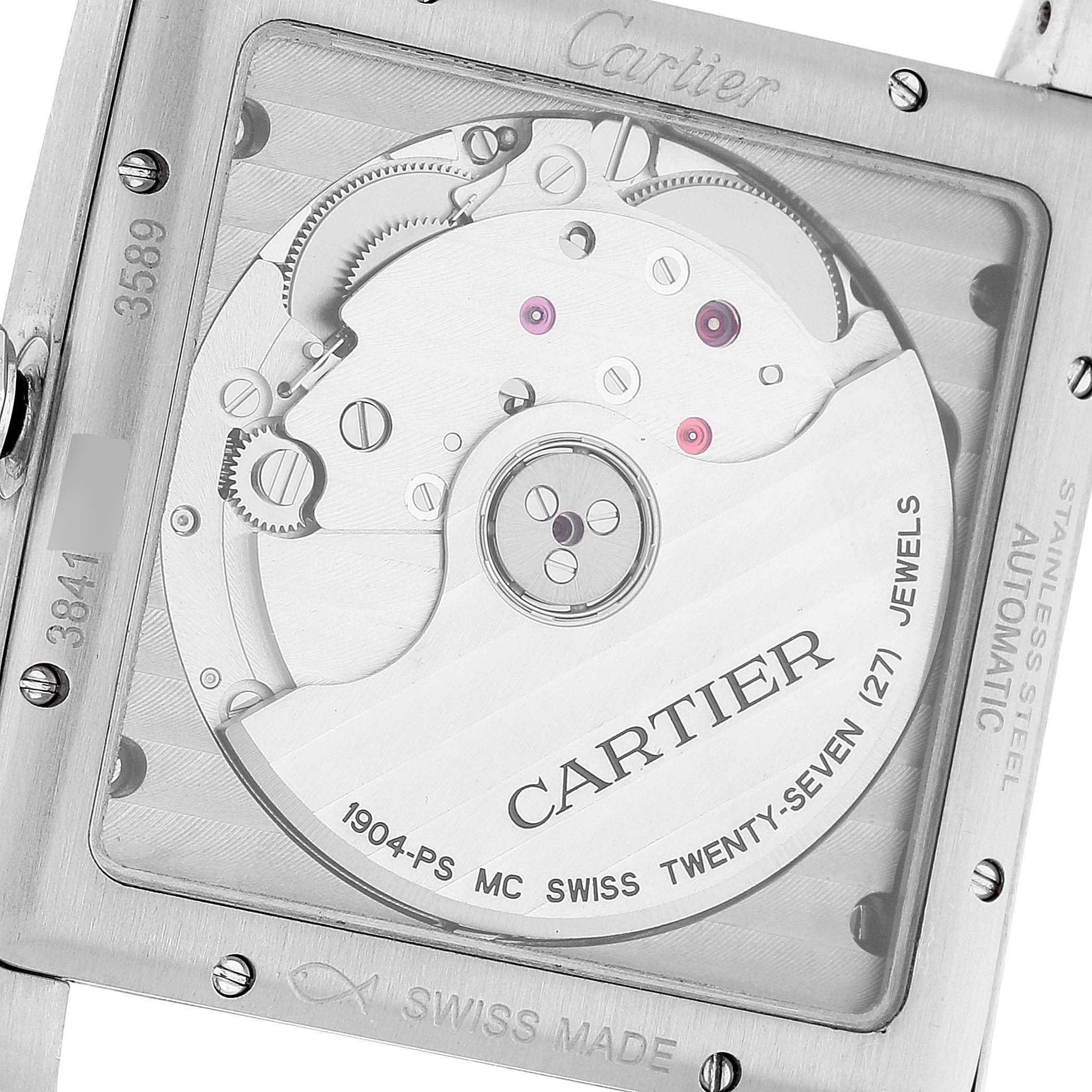 This image shows the back view of the Cartier Tank MC W5330004 Men's Stainless Steel Black Dial W5330004 Men's Stainless Steel Black Dial watch movement and internal mechanics.