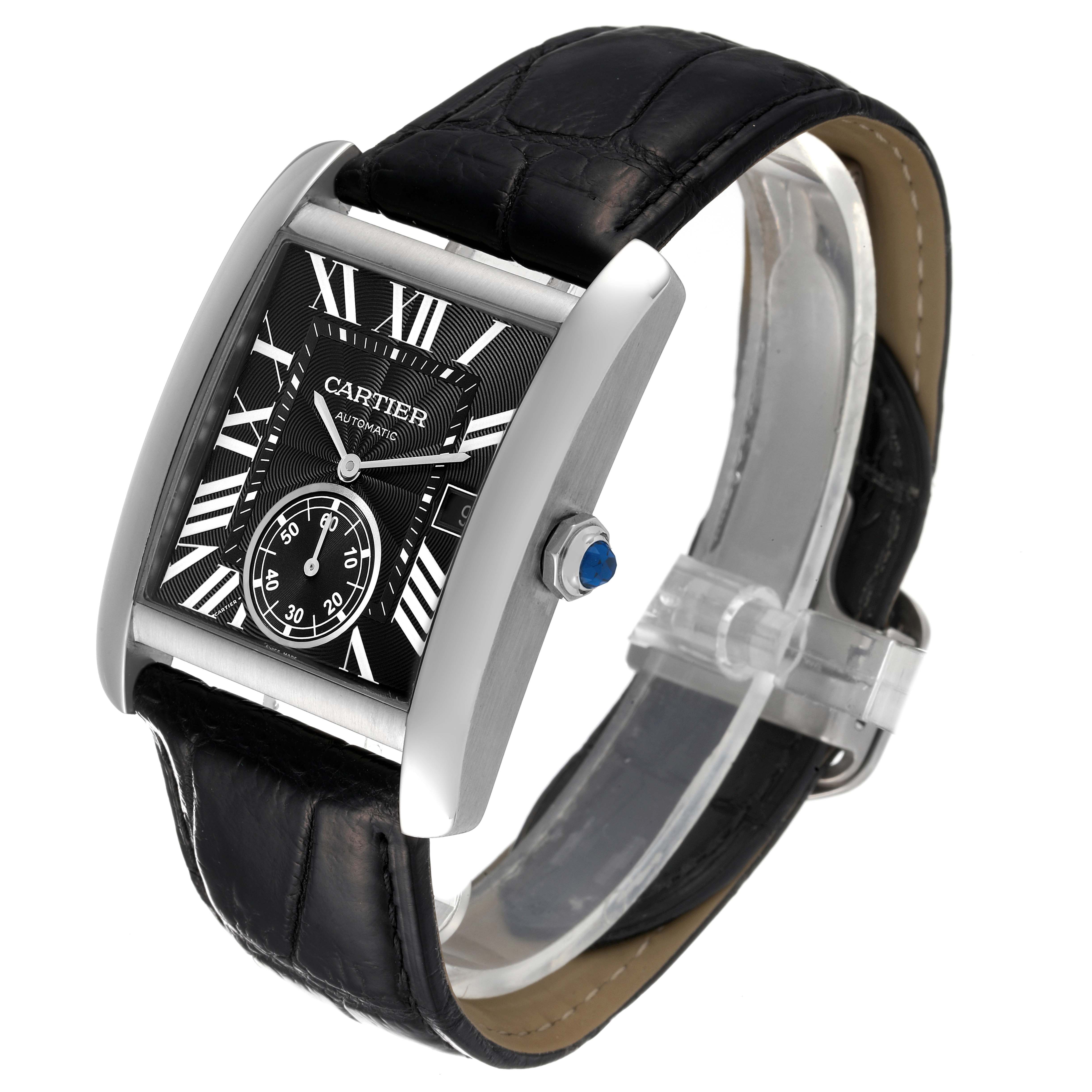 This image showcases a Cartier Tank MC W5330004 Men's Stainless Steel Black Dial W5330004 Men's Stainless Steel Black Dial watch at a three-quarter angle, highlighting its black leather strap, rectangular dial, and side crown.