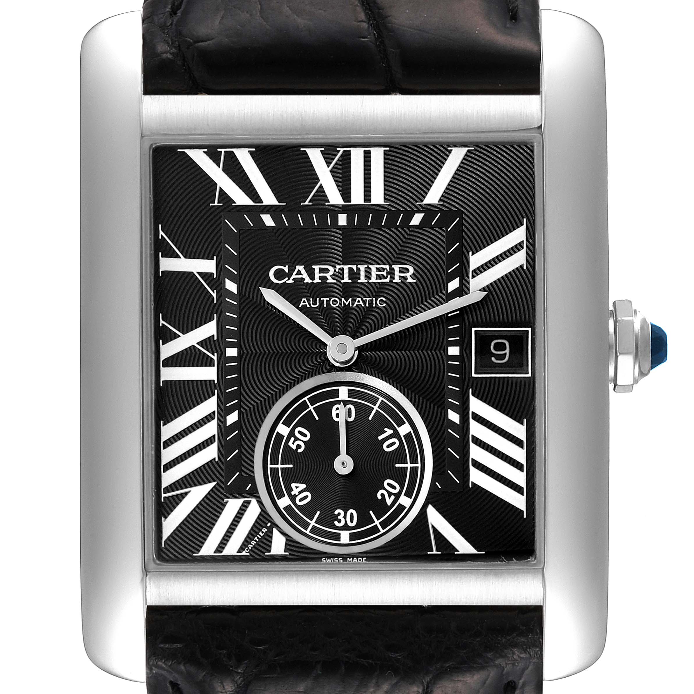 This image shows the dial and case of the Cartier Tank MC W5330004 Men's Stainless Steel Black Dial W5330004 Men's Stainless Steel Black Dial watch from a front angle.