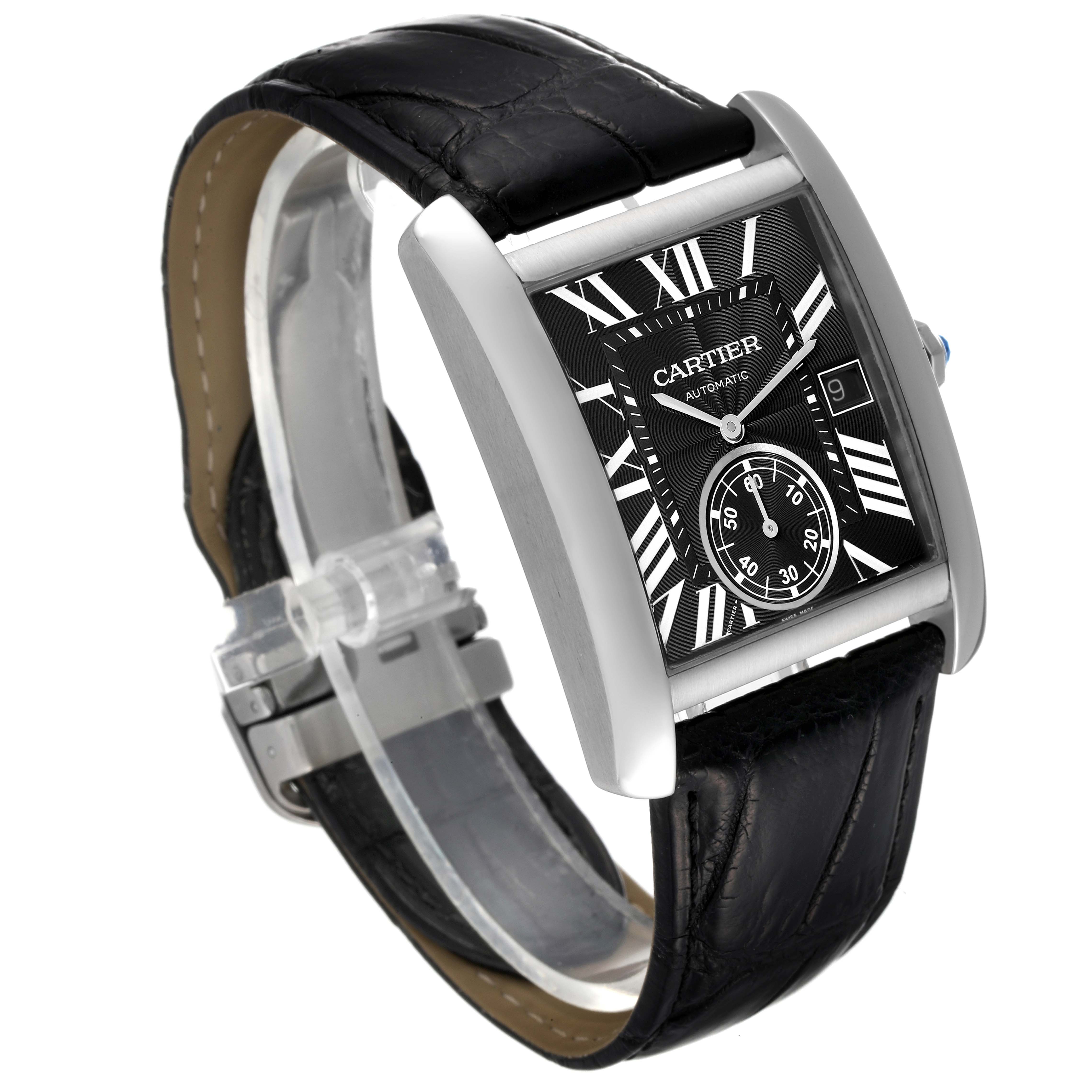 The Cartier Tank MC W5330004 Men's Stainless Steel Black Dial W5330004 Men's Stainless Steel Black Dial watch is shown at a slight oblique angle, displaying the face, side profile, and leather strap.