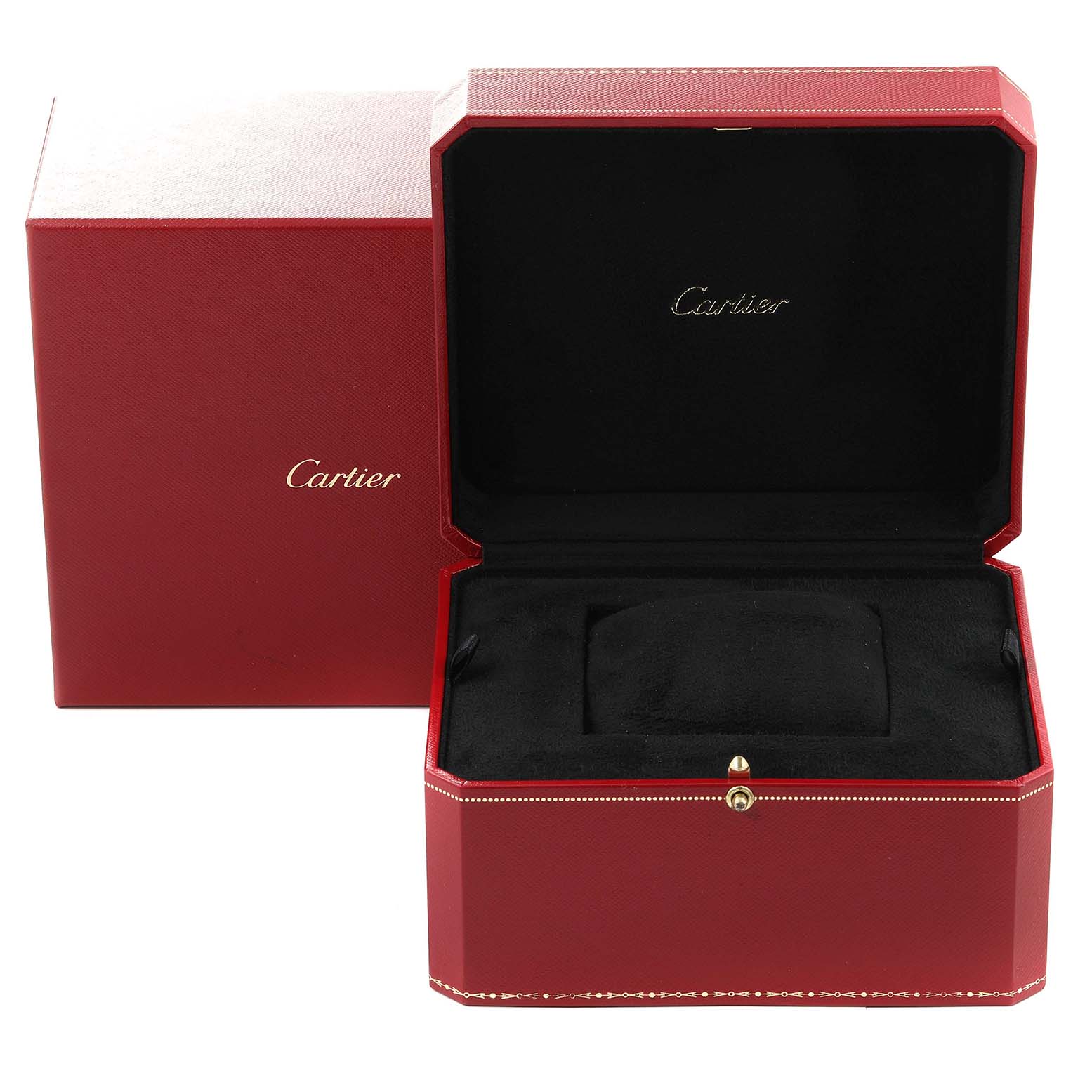The image shows an open red Cartier watch box for the Tank MC model, highlighting the interior with a black cushioned bed.