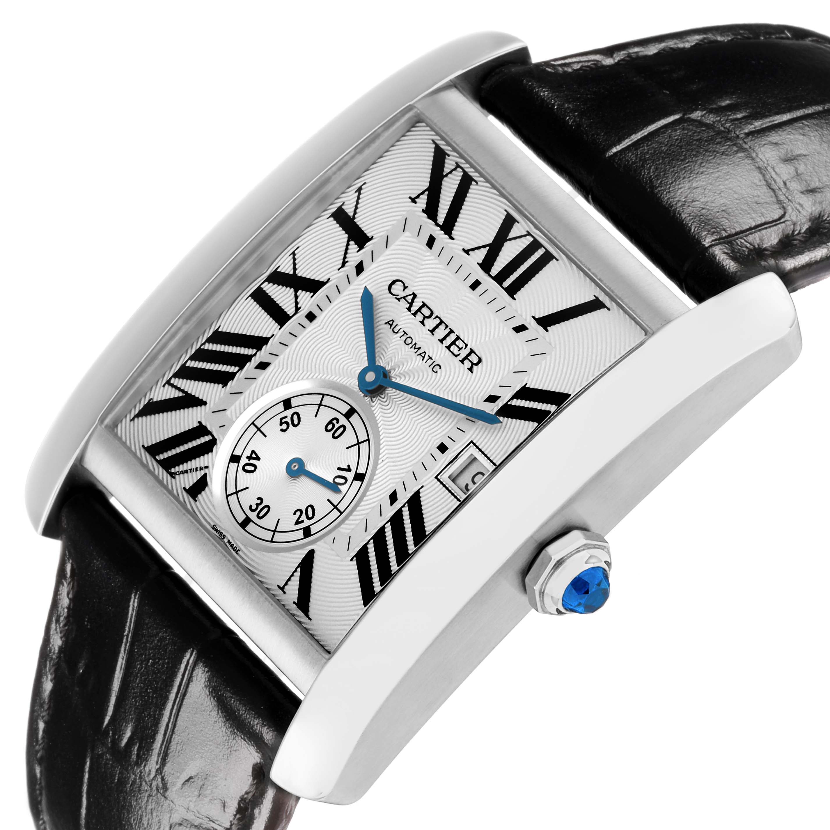 The Cartier Tank MC W5330003 Men
s Stainless Steel Silver Dial watch is shown at an angled view highlighting the dial, crown, and strap.