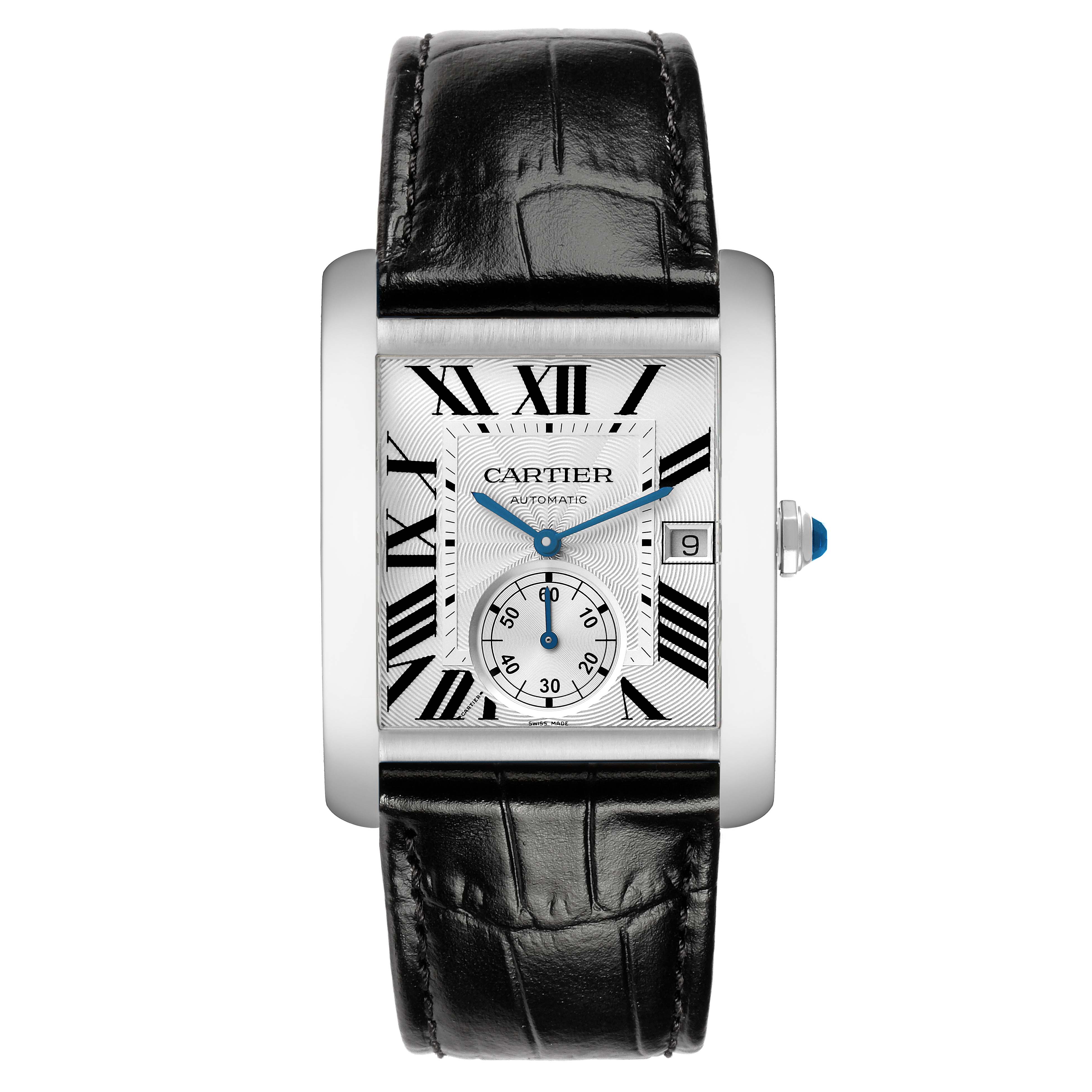 The Cartier Tank MC W5330003 Men
s Stainless Steel Silver Dial watch is shown from a top-down angle, displaying the face, strap, and crown.