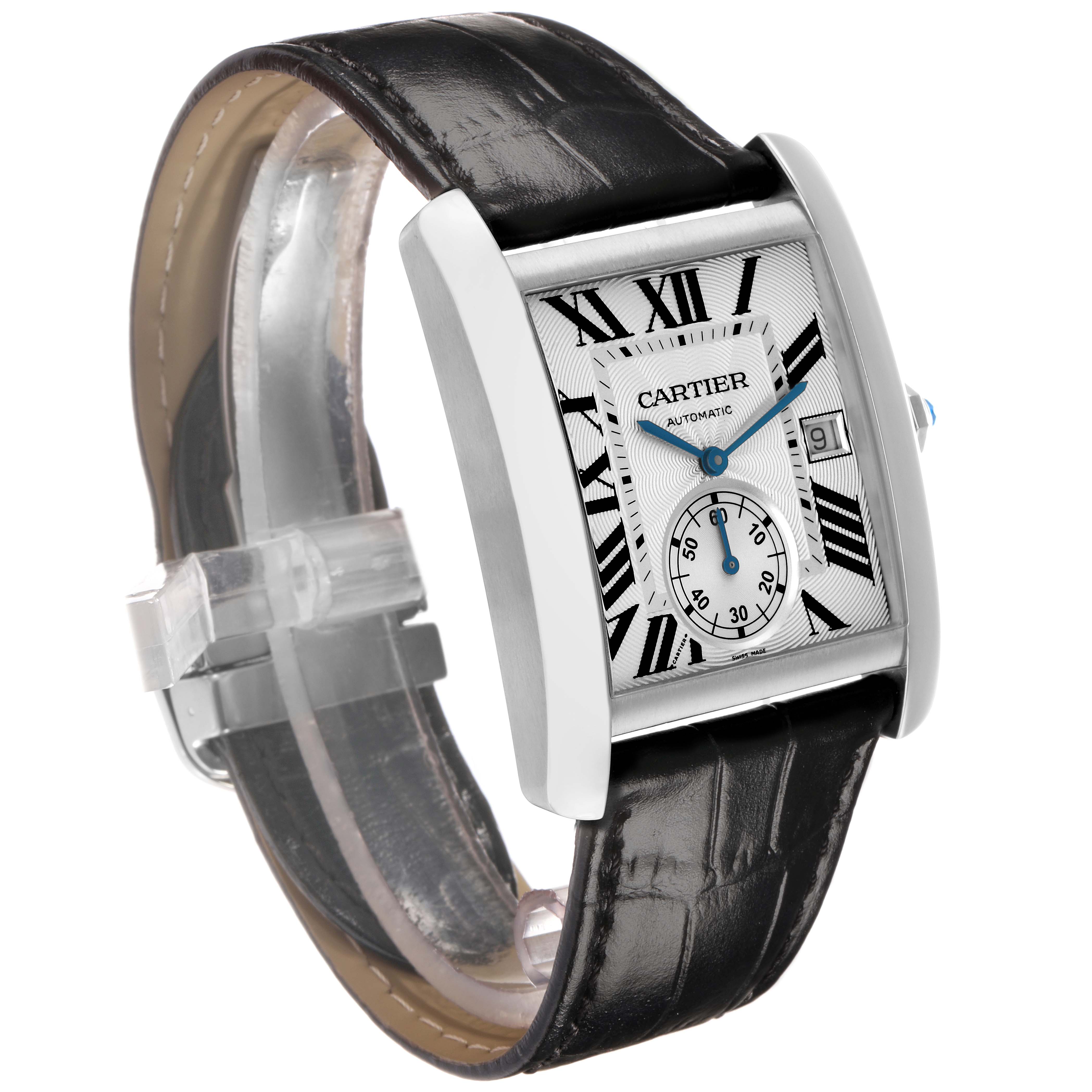The Cartier Tank MC W5330003 Men
s Stainless Steel Silver Dial watch is shown at a slight angle, highlighting the face, case, and leather strap.