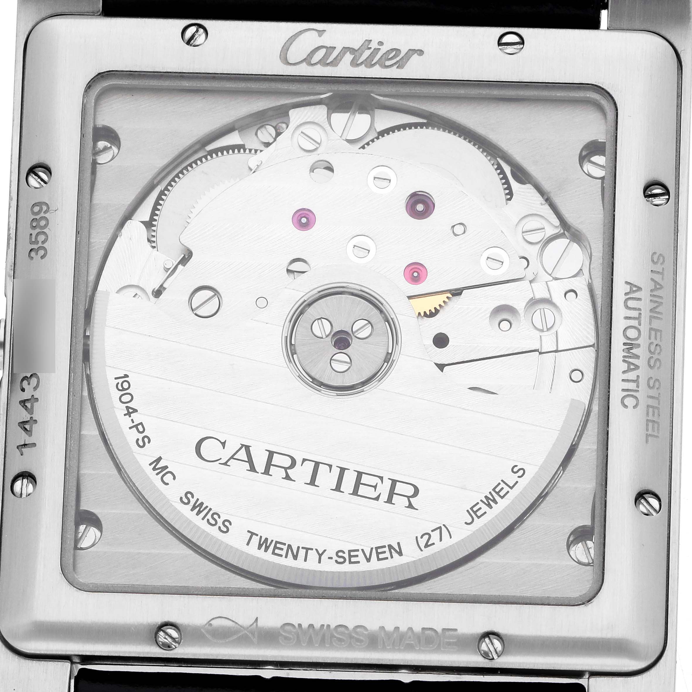 The image shows the back case of a Cartier Tank MC W5330003 Men
s Stainless Steel Silver Dial watch, highlighting its automatic movement and inner mechanics.
