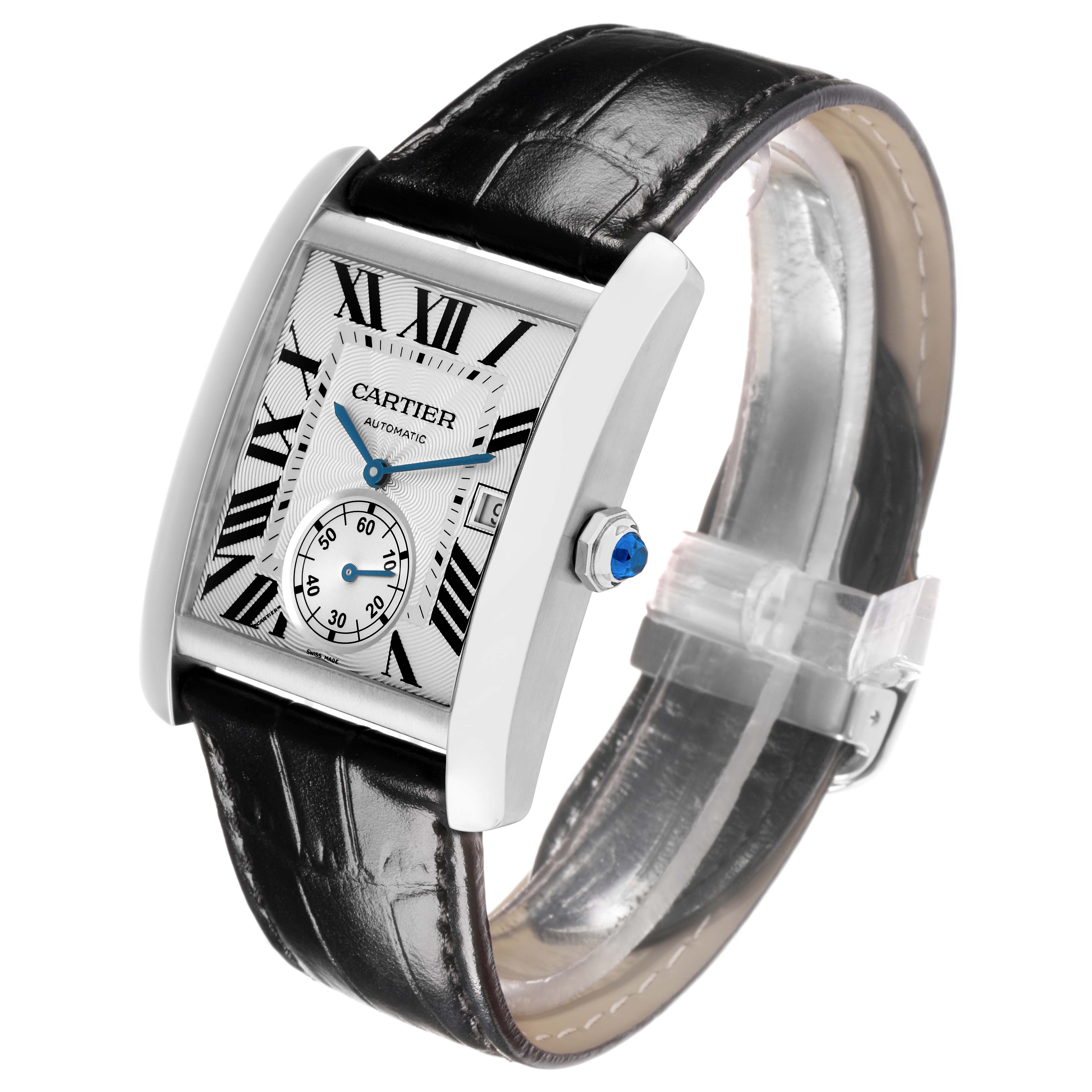 The Cartier Tank MC W5330003 Men
s Stainless Steel Silver Dial watch is shown at an angle highlighting the face, case, crown, and leather strap.