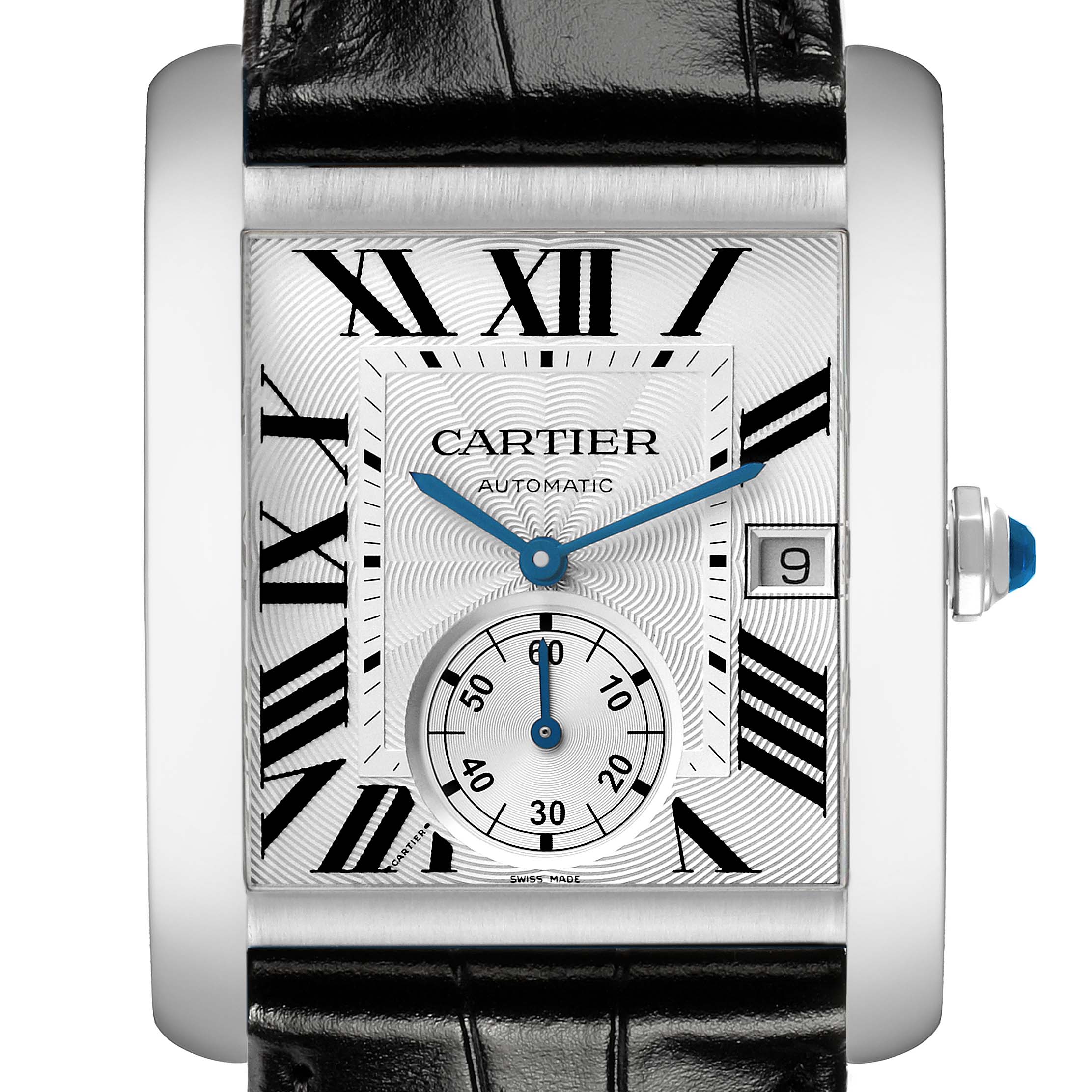 The Cartier Tank MC W5330003 Men
s Stainless Steel Silver Dial watch is shown from the front, highlighting the dial, Roman numerals, subdial, and crown with a black leather strap.