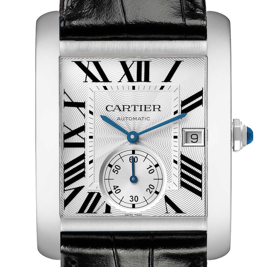 The Cartier Tank MC W5330003 Men's Stainless Steel Silver Dial watch is shown from the front, highlighting the dial, Roman numerals, subdial, and crown with a black leather strap.