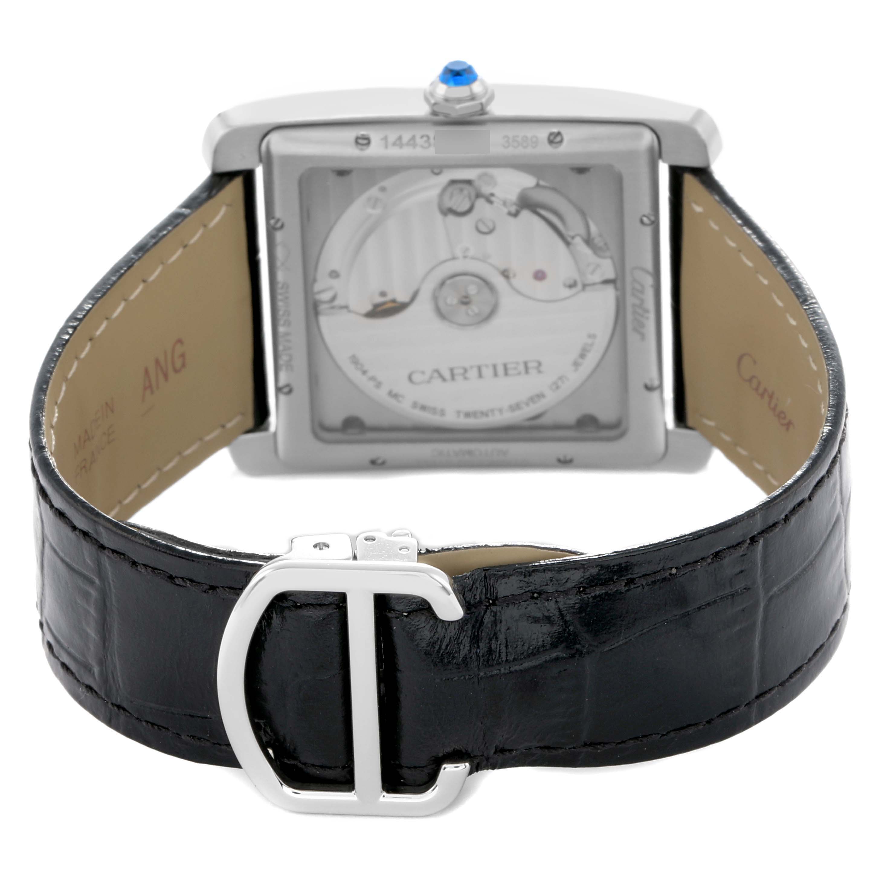 The Cartier Tank MC W5330003 Men
s Stainless Steel Silver Dial watch is shown from the back, displaying the movement and a black leather strap with a deployment clasp.