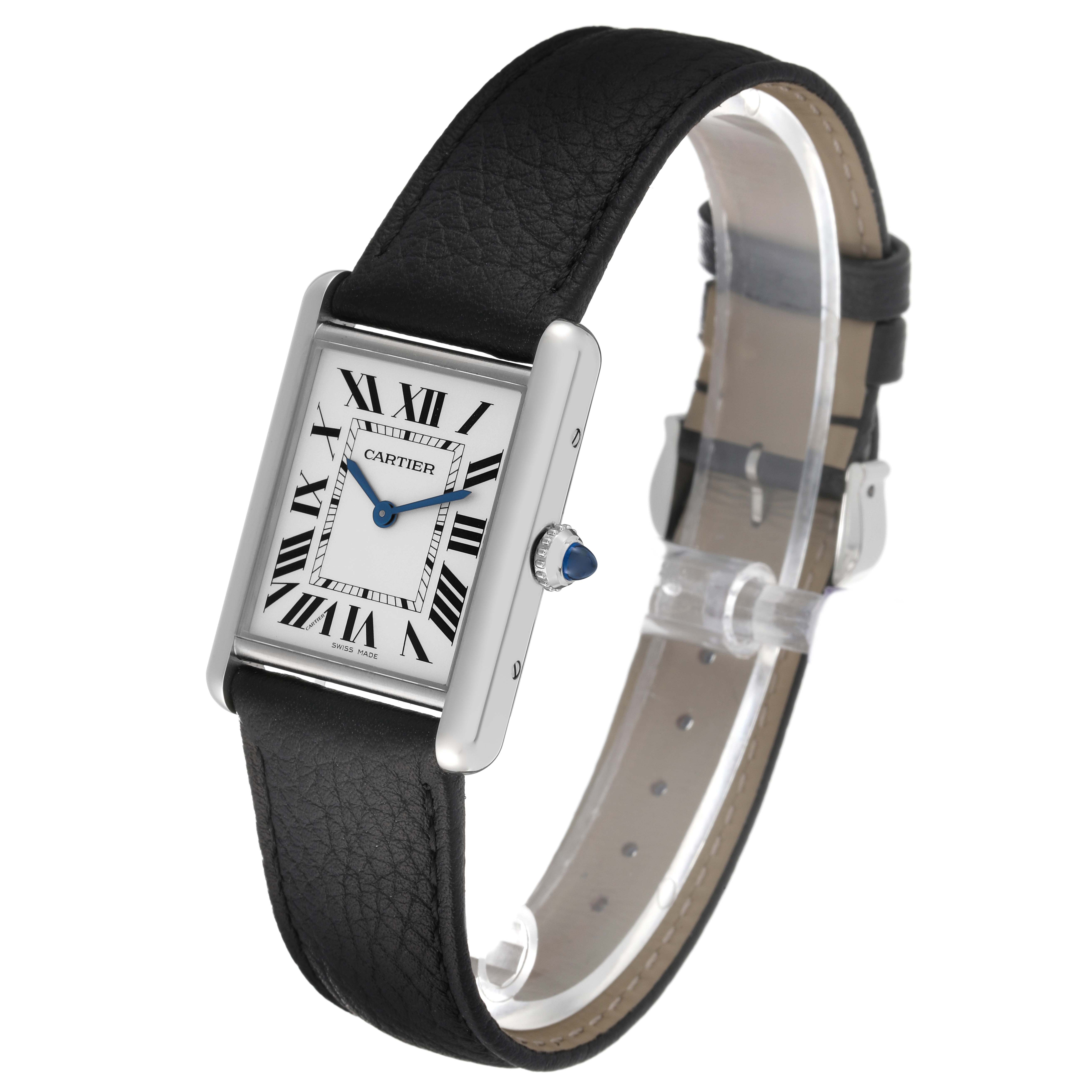 The image shows a Cartier Tank Must WSTA0041 Women's Stainless Steel Silver Dial WSTA0041 Women's Stainless Steel Silver Dial watch angled to display its face, strap, and crown.