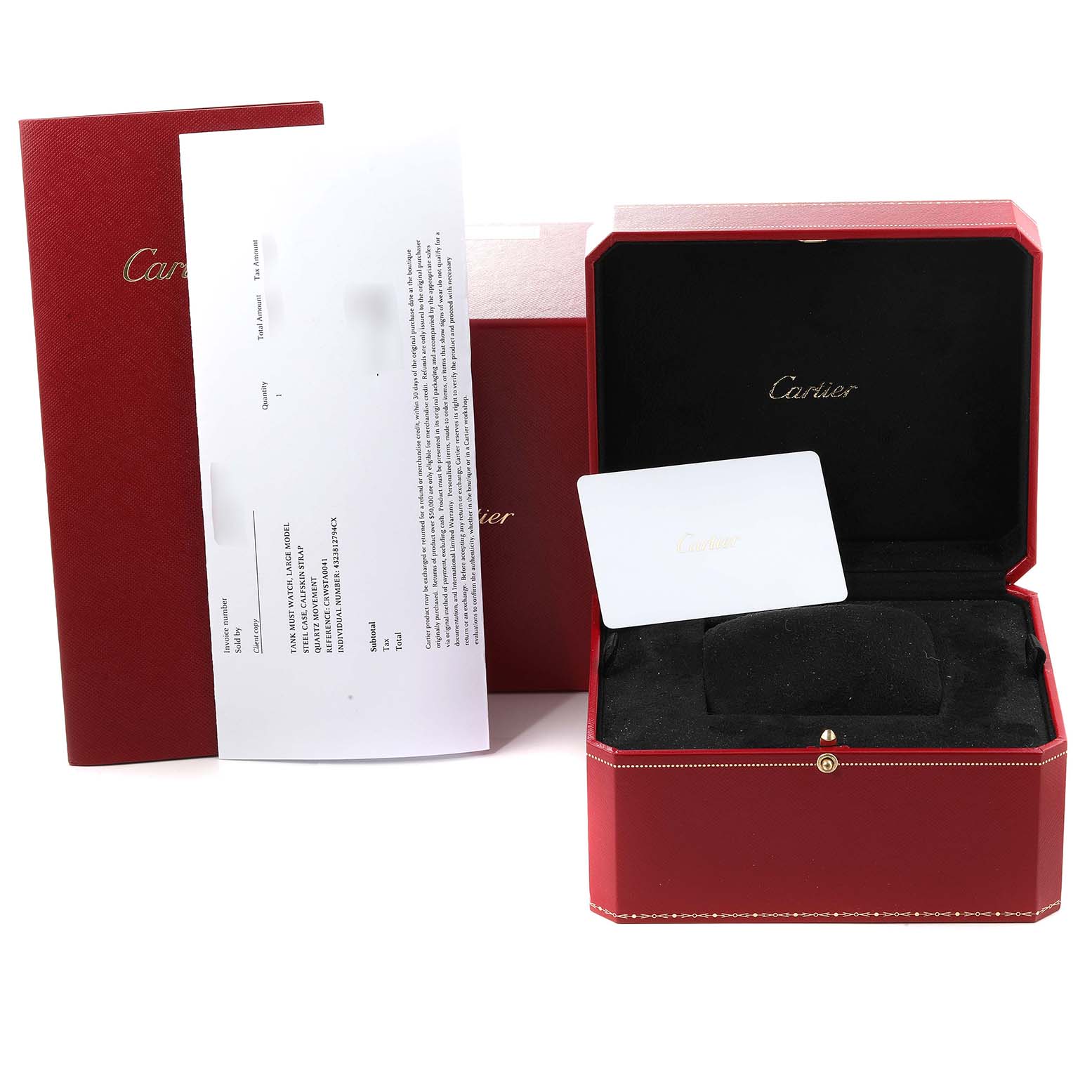 This image shows the Cartier Tank Must WSTA0041 Women's Stainless Steel Silver Dial WSTA0041 Women's Stainless Steel Silver Dial model packaging including the red box, warranty card, and documentation.