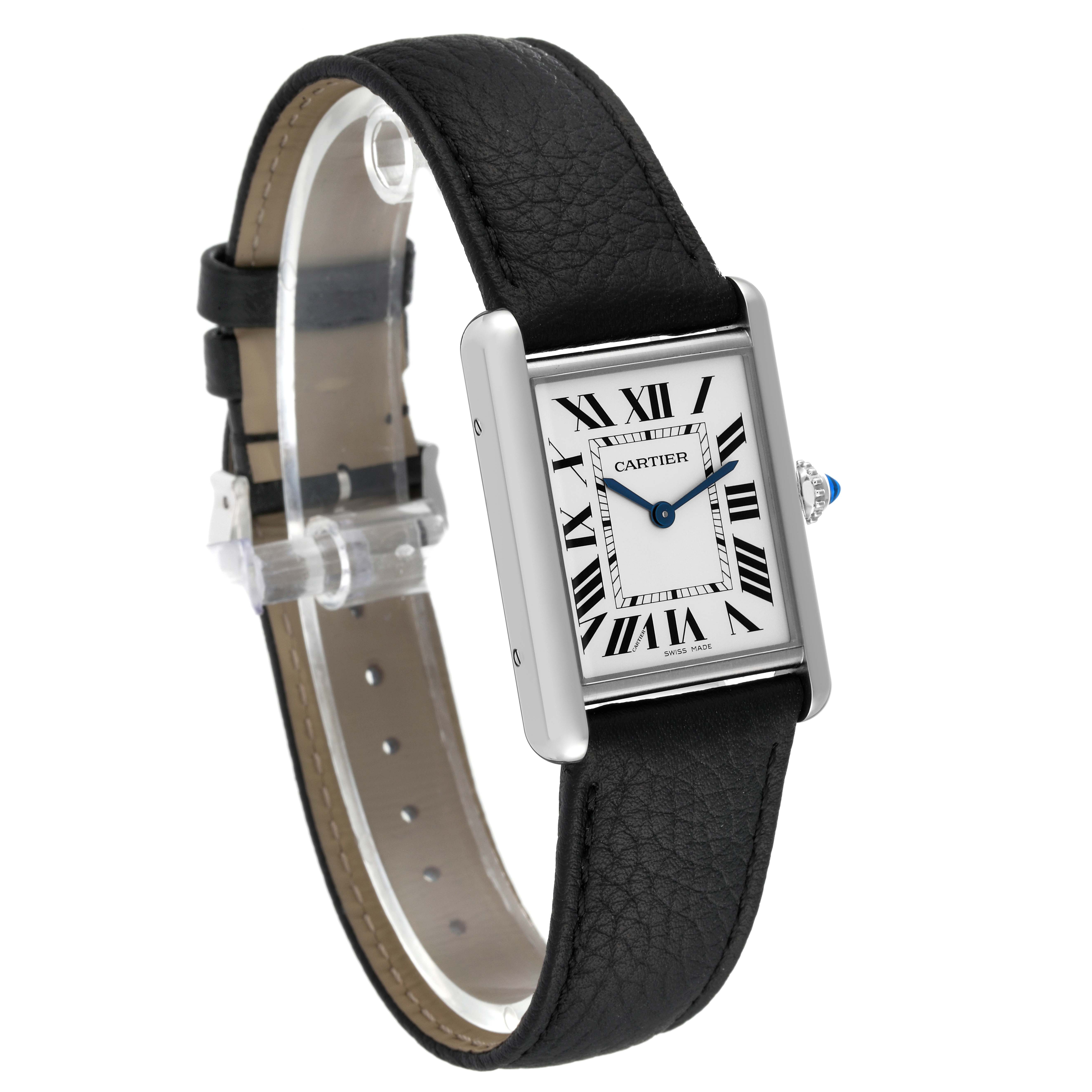 The image shows a Cartier Tank Must WSTA0041 Women's Stainless Steel Silver Dial WSTA0041 Women's Stainless Steel Silver Dial watch with a leather strap from an angled side view.