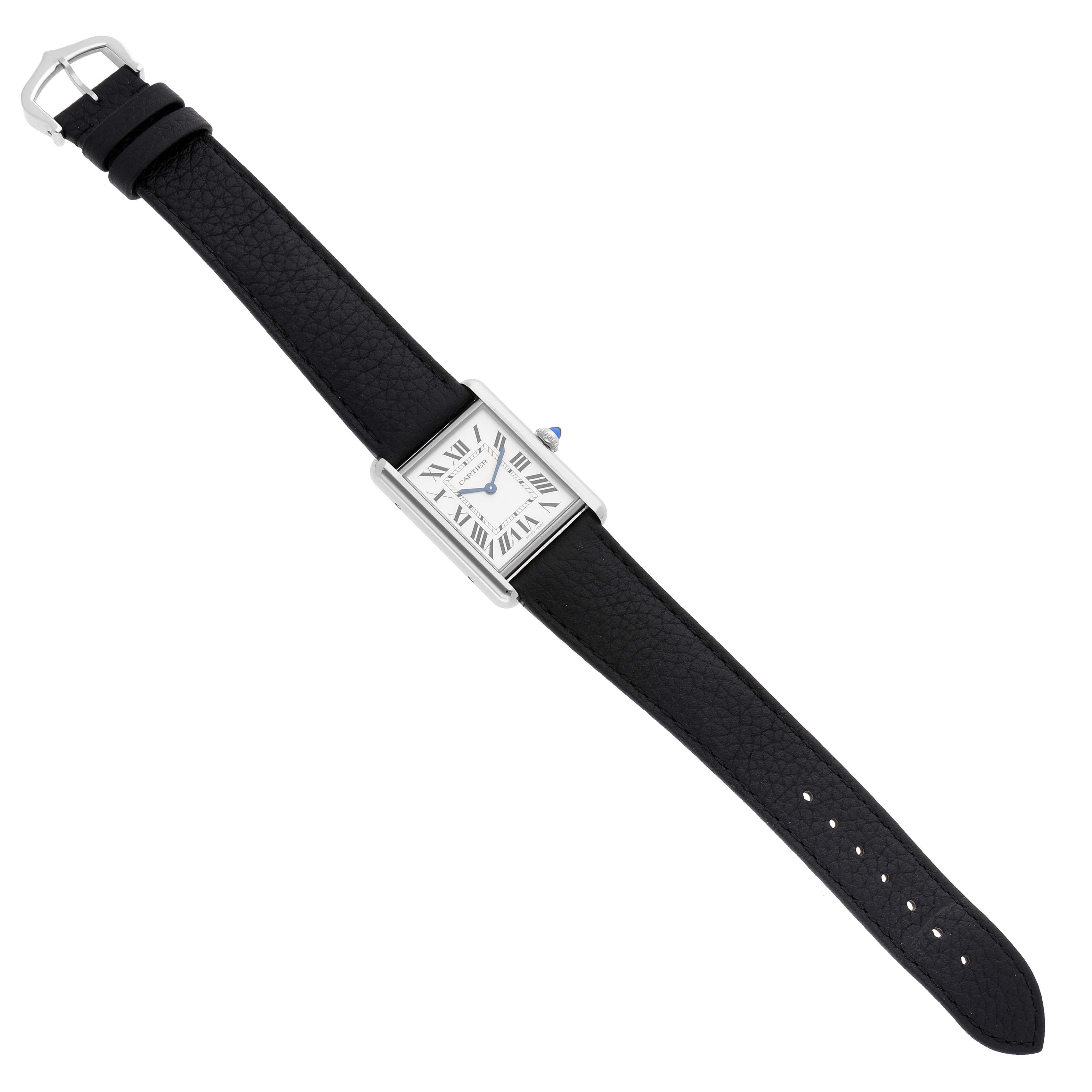 This image shows a Cartier Tank Must WSTA0041 Women's Stainless Steel Silver Dial WSTA0041 Women's Stainless Steel Silver Dial watch from a top-down angle, highlighting the entire watch, including the strap and case.