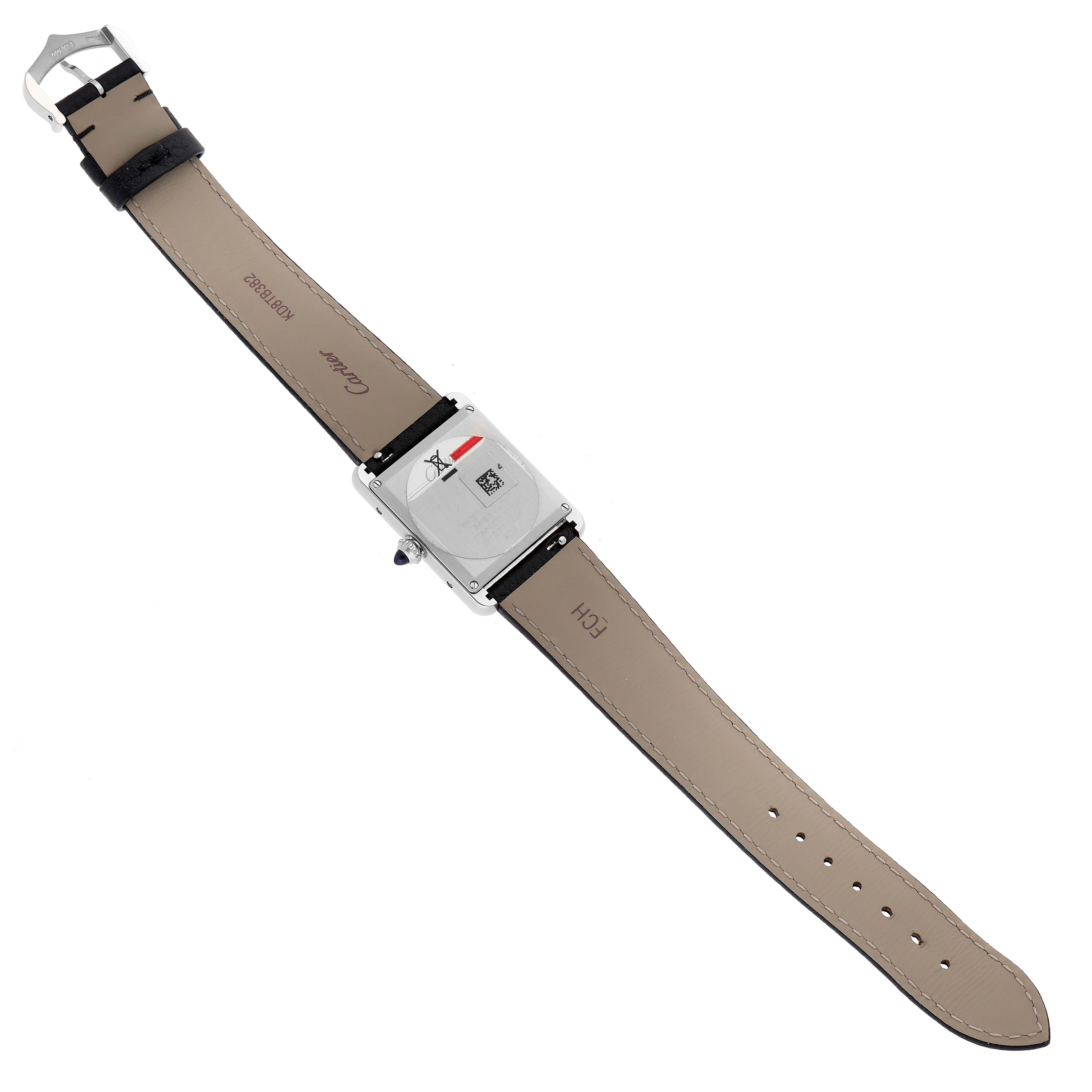 The image shows the back view of a Cartier Tank Must WSTA0041 Women's Stainless Steel Silver Dial WSTA0041 Women's Stainless Steel Silver Dial watch, including its strap and buckle.